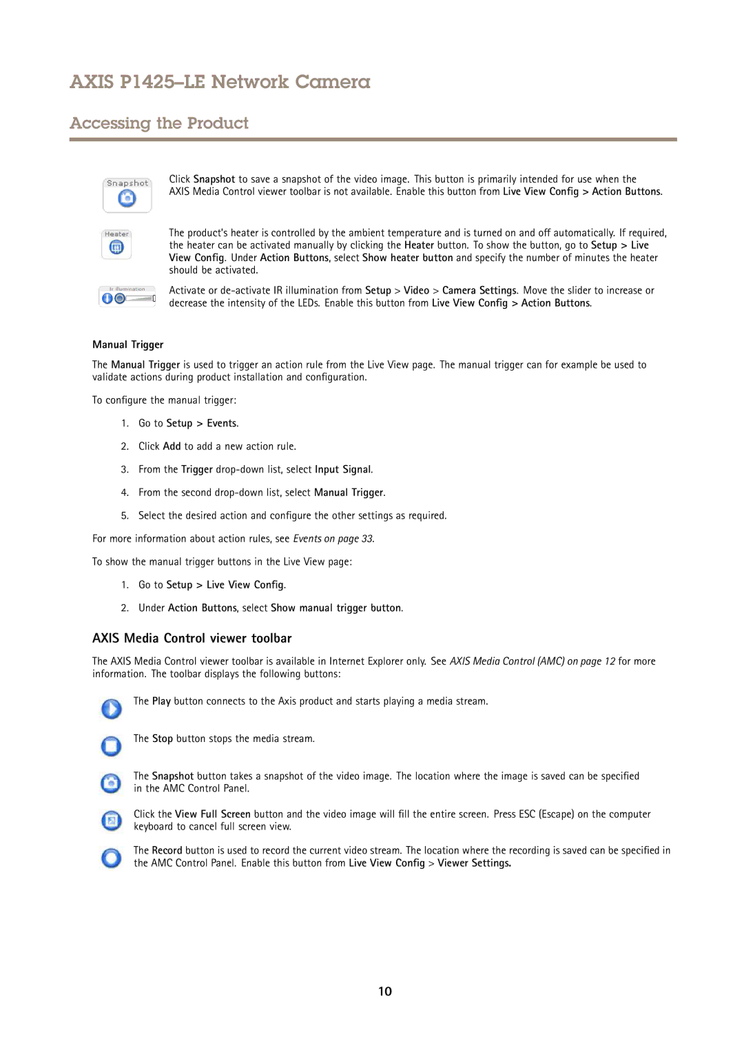 Axis Communications P1425LE user manual Axis Media Control viewer toolbar, Manual Trigger, Go to Setup Events 