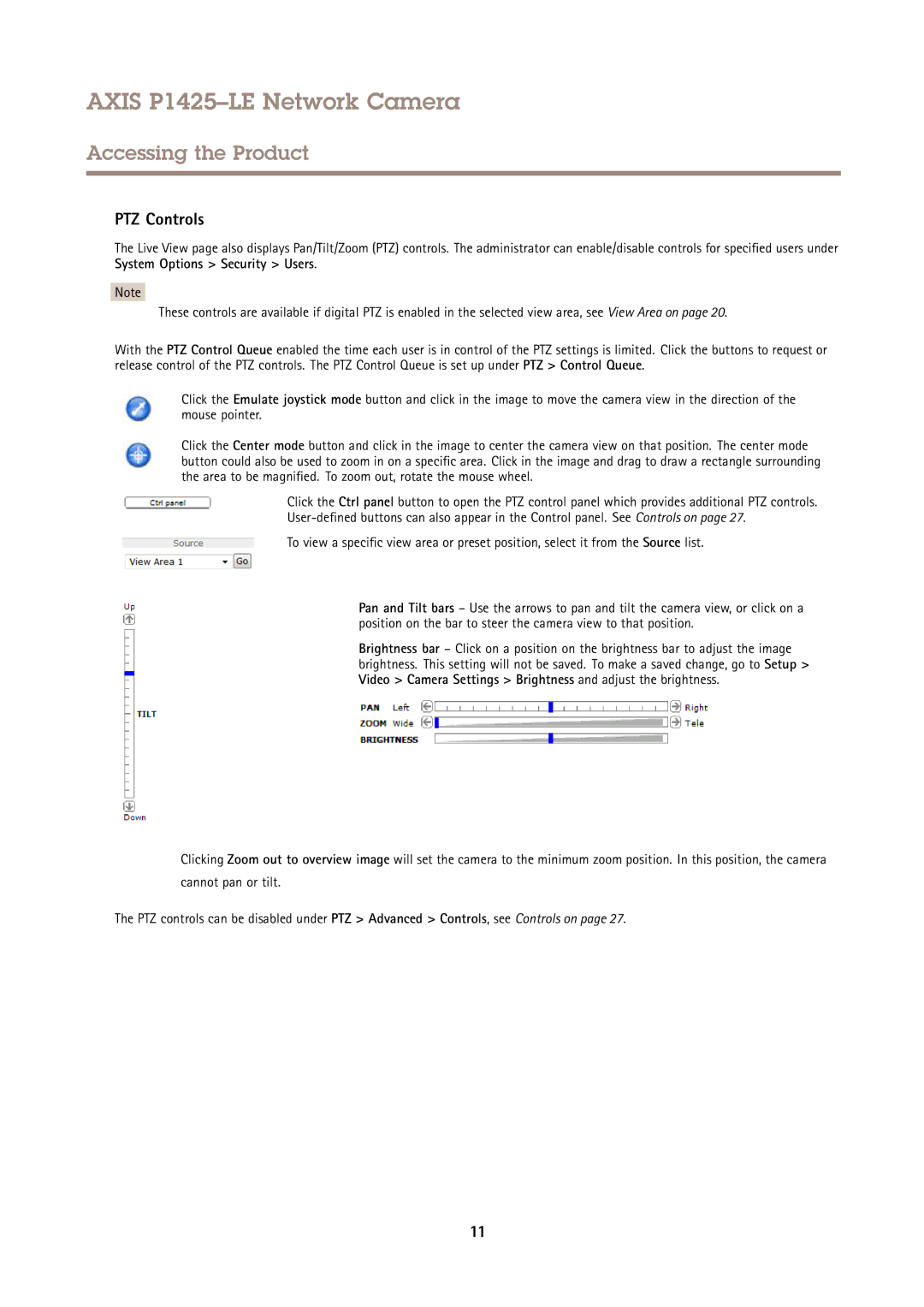 Axis Communications P1425LE user manual PTZ Controls 