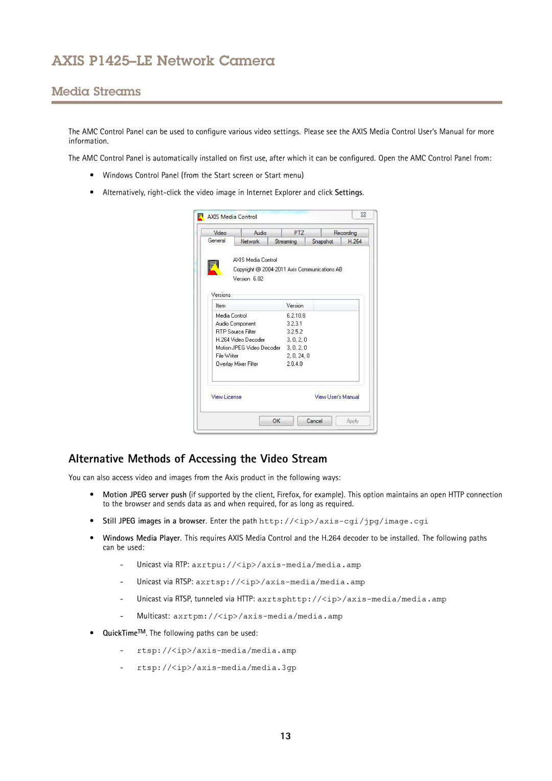 Axis Communications P1425LE user manual Alternative Methods of Accessing the Video Stream 