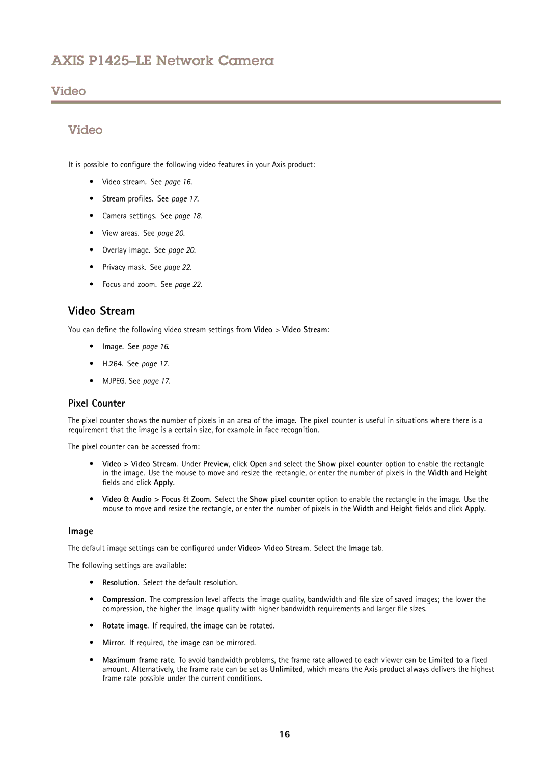 Axis Communications P1425LE user manual Video Stream, Pixel Counter, Image 