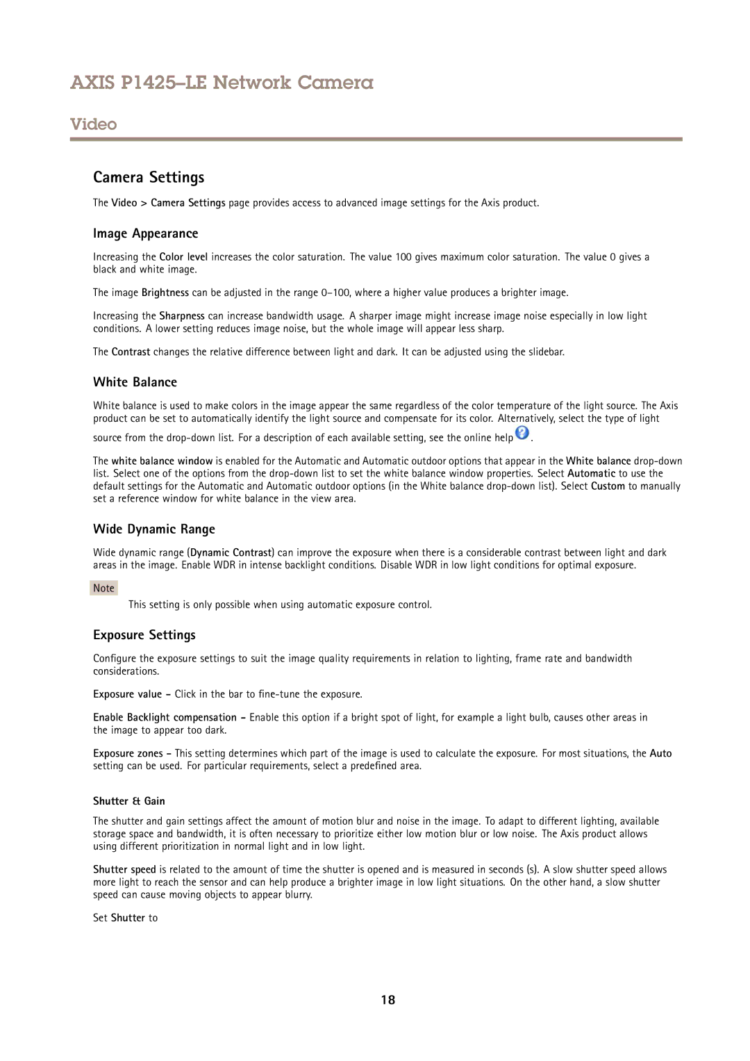 Axis Communications P1425LE Camera Settings, Image Appearance, White Balance, Wide Dynamic Range, Exposure Settings 