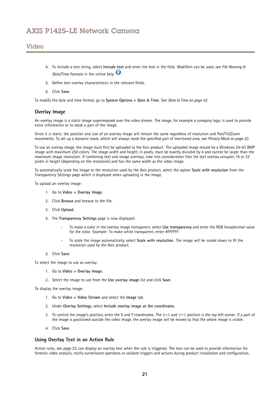 Axis Communications P1425LE user manual Using Overlay Text in an Action Rule, Go to Video Overlay Image 