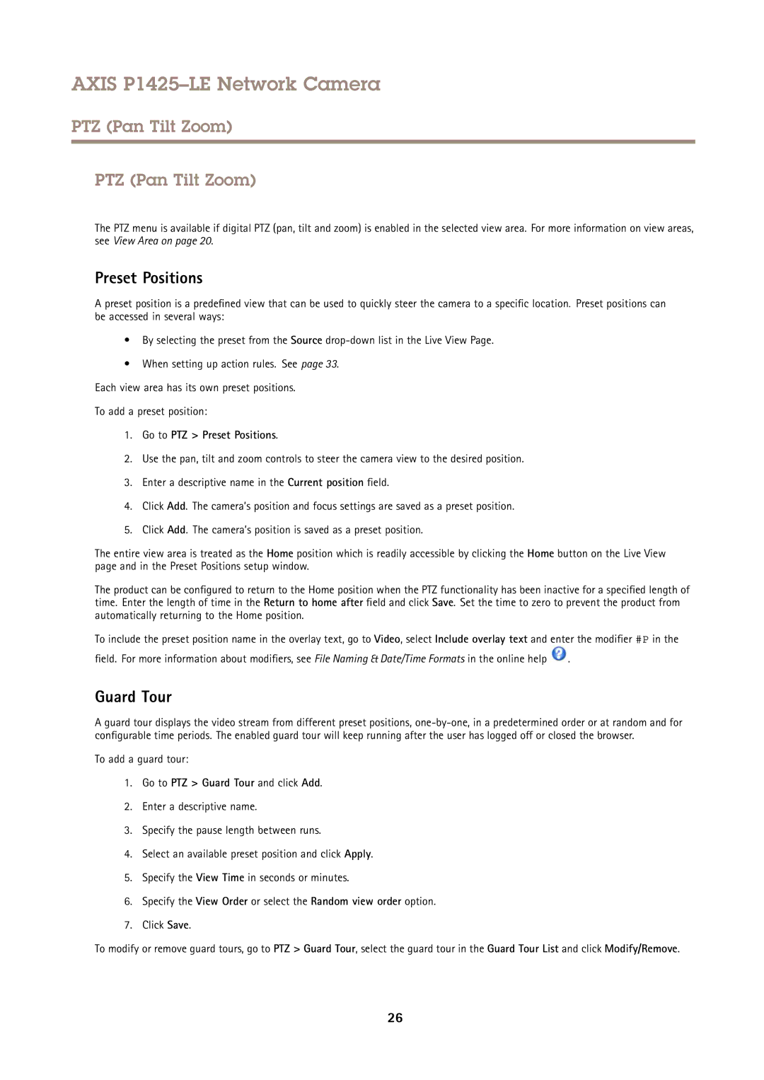 Axis Communications P1425LE user manual PTZ Pan Tilt Zoom, Guard Tour, Go to PTZ Preset Positions 