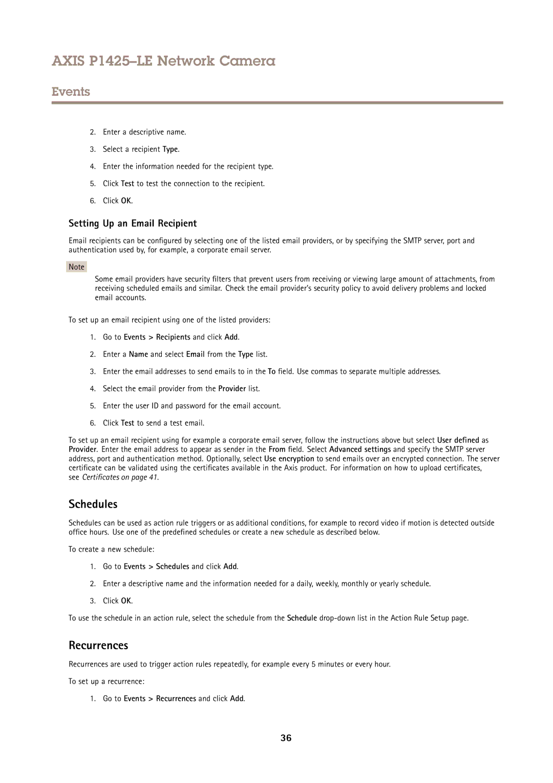 Axis Communications P1425LE Recurrences, Setting Up an Email Recipient, Go to Events Schedules and click Add 