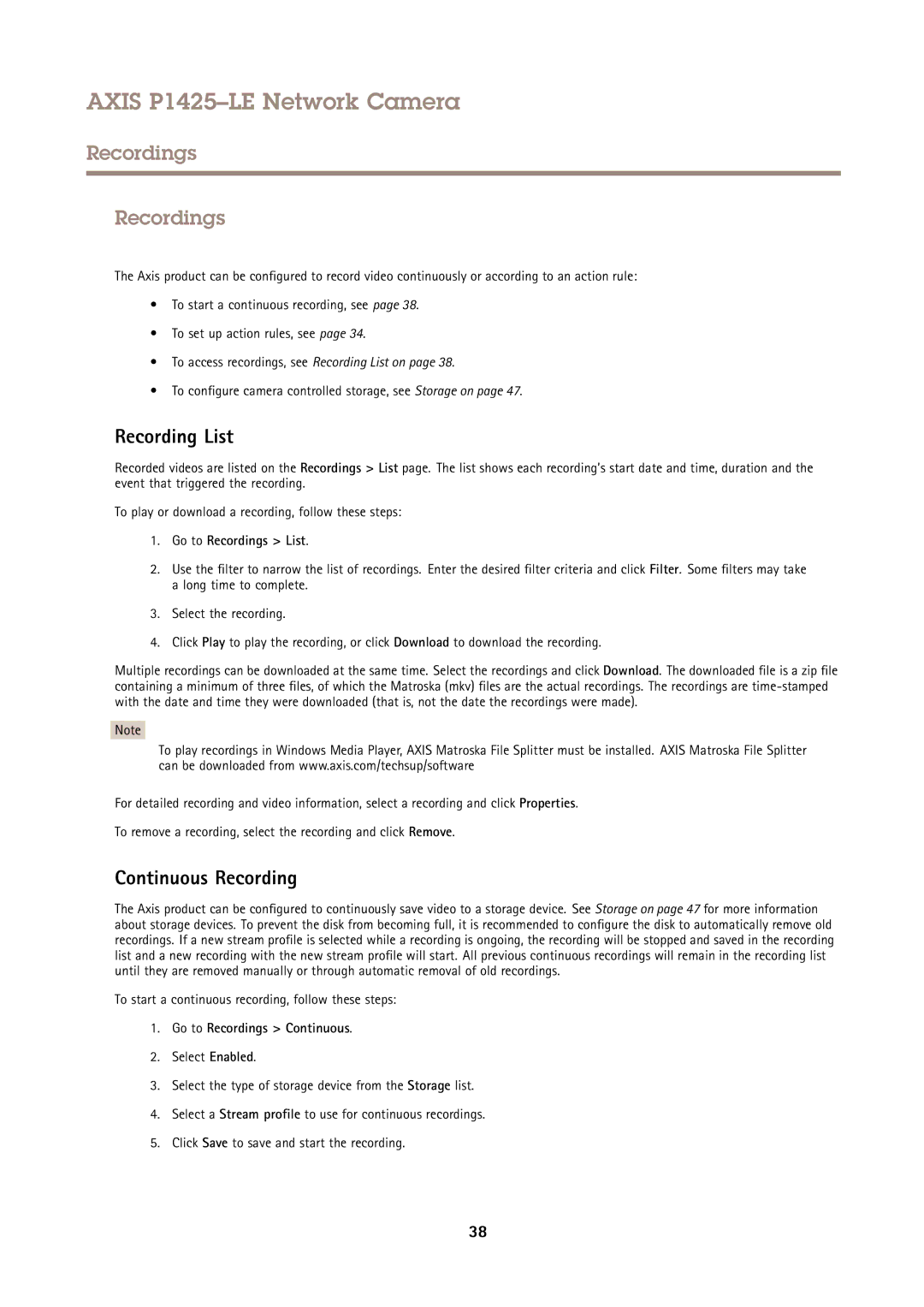 Axis Communications P1425LE Recording List, Continuous Recording, Go to Recordings List, Go to Recordings Continuous 