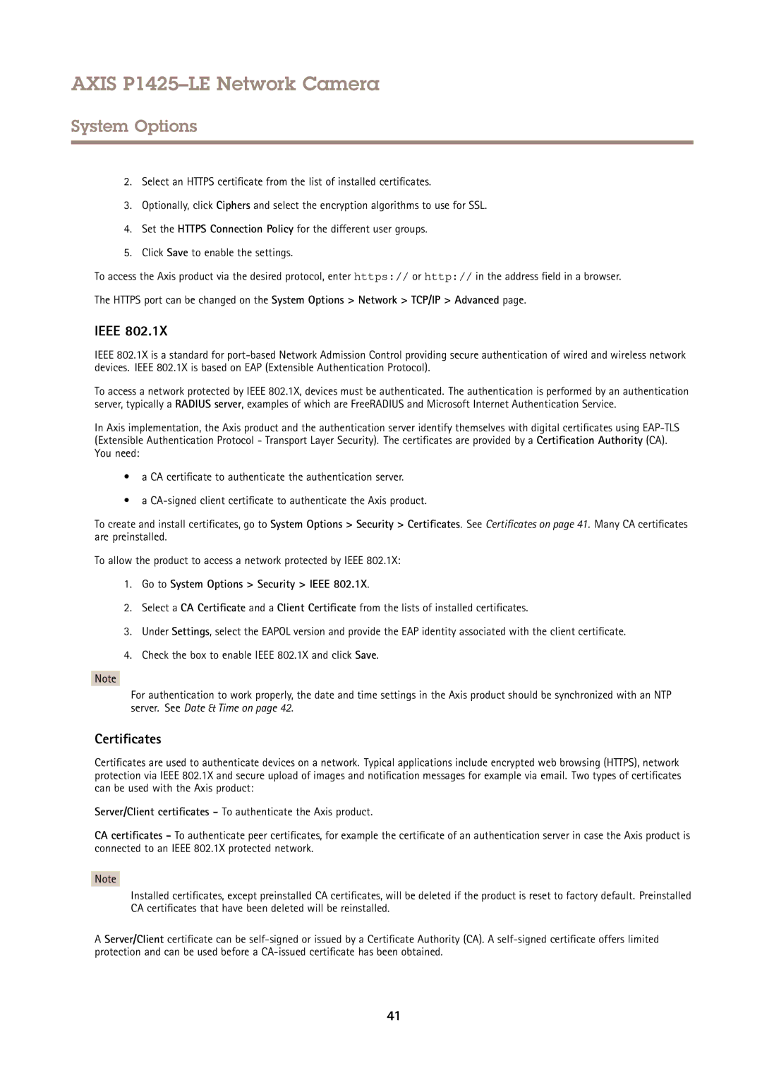 Axis Communications P1425LE user manual Certificates, Go to System Options Security Ieee 