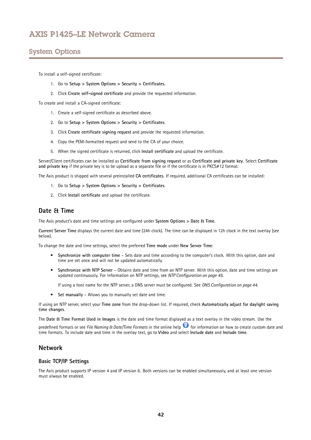 Axis Communications P1425LE Date & Time, Network, Basic TCP/IP Settings, Go to Setup System Options Security Certificates 