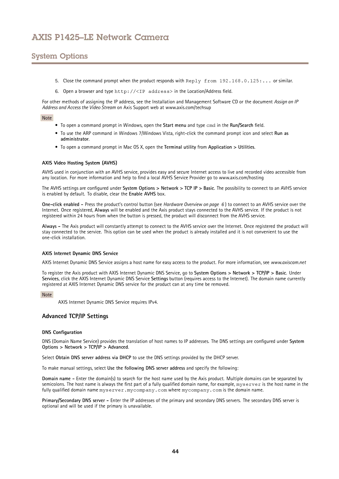 Axis Communications P1425LE Advanced TCP/IP Settings, Axis Video Hosting System Avhs, Axis Internet Dynamic DNS Service 