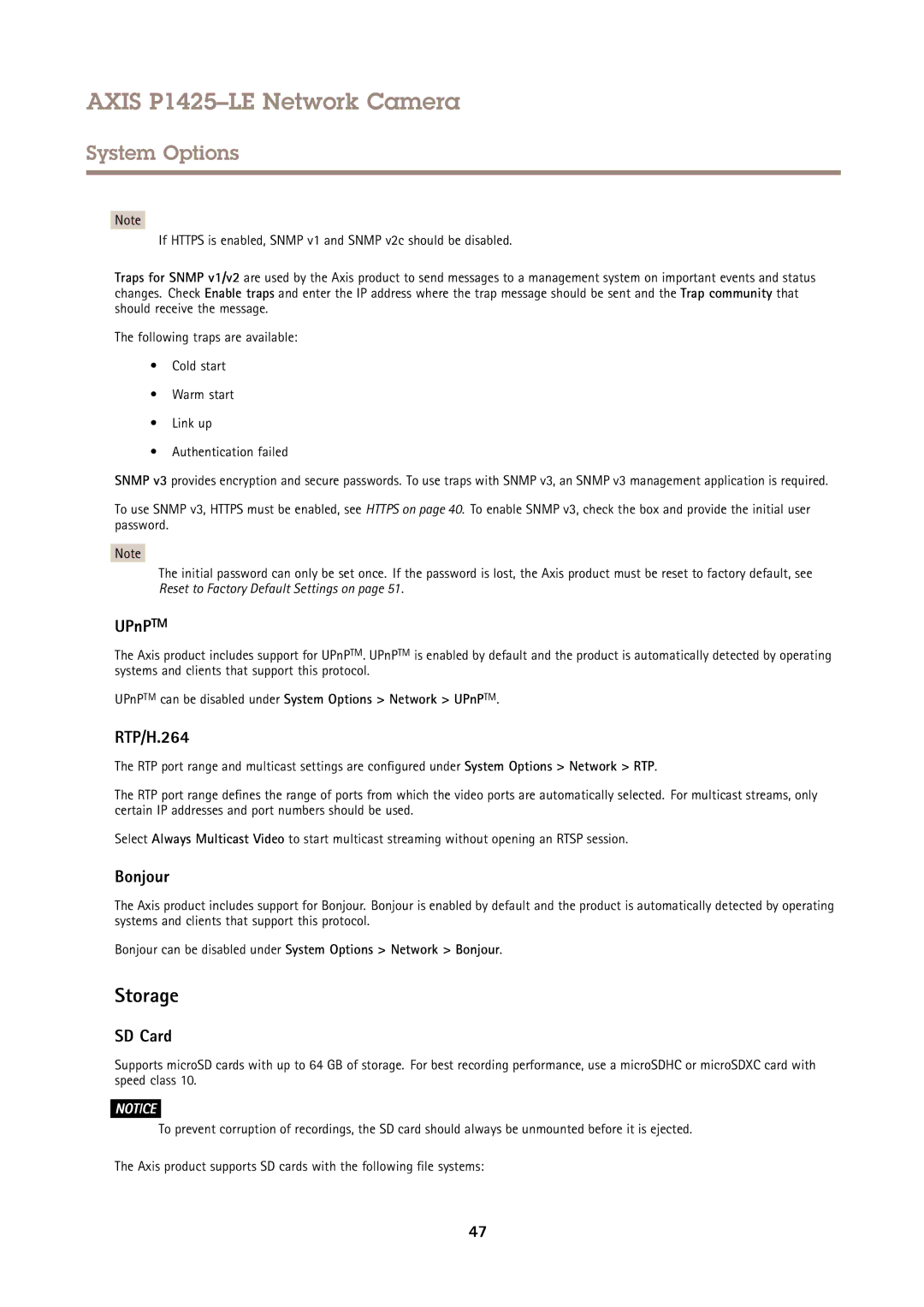 Axis Communications P1425LE user manual Storage, UPnPTM, RTP/H.264, Bonjour, SD Card 