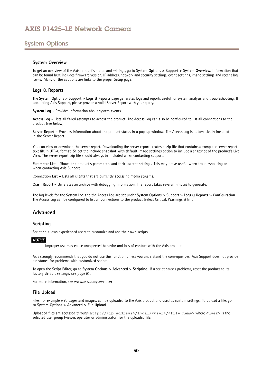 Axis Communications P1425LE user manual System Overview, Logs & Reports, Scripting, File Upload 