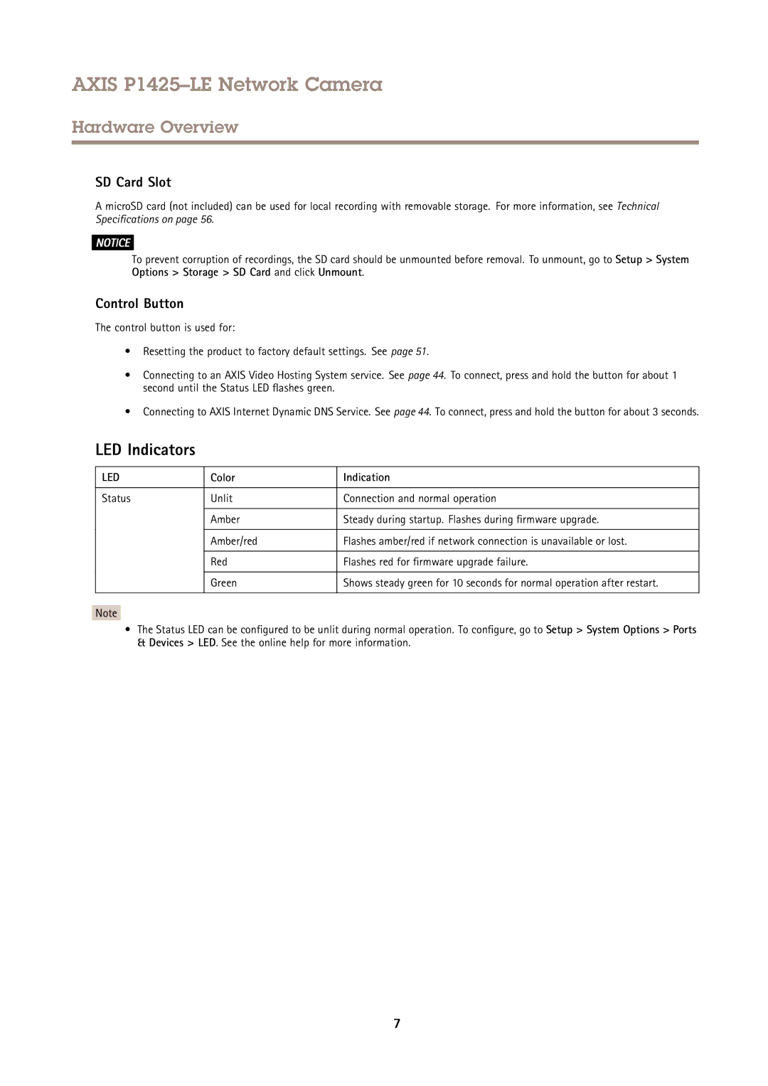 Axis Communications P1425LE user manual LED Indicators, SD Card Slot, Control Button, Color Indication 