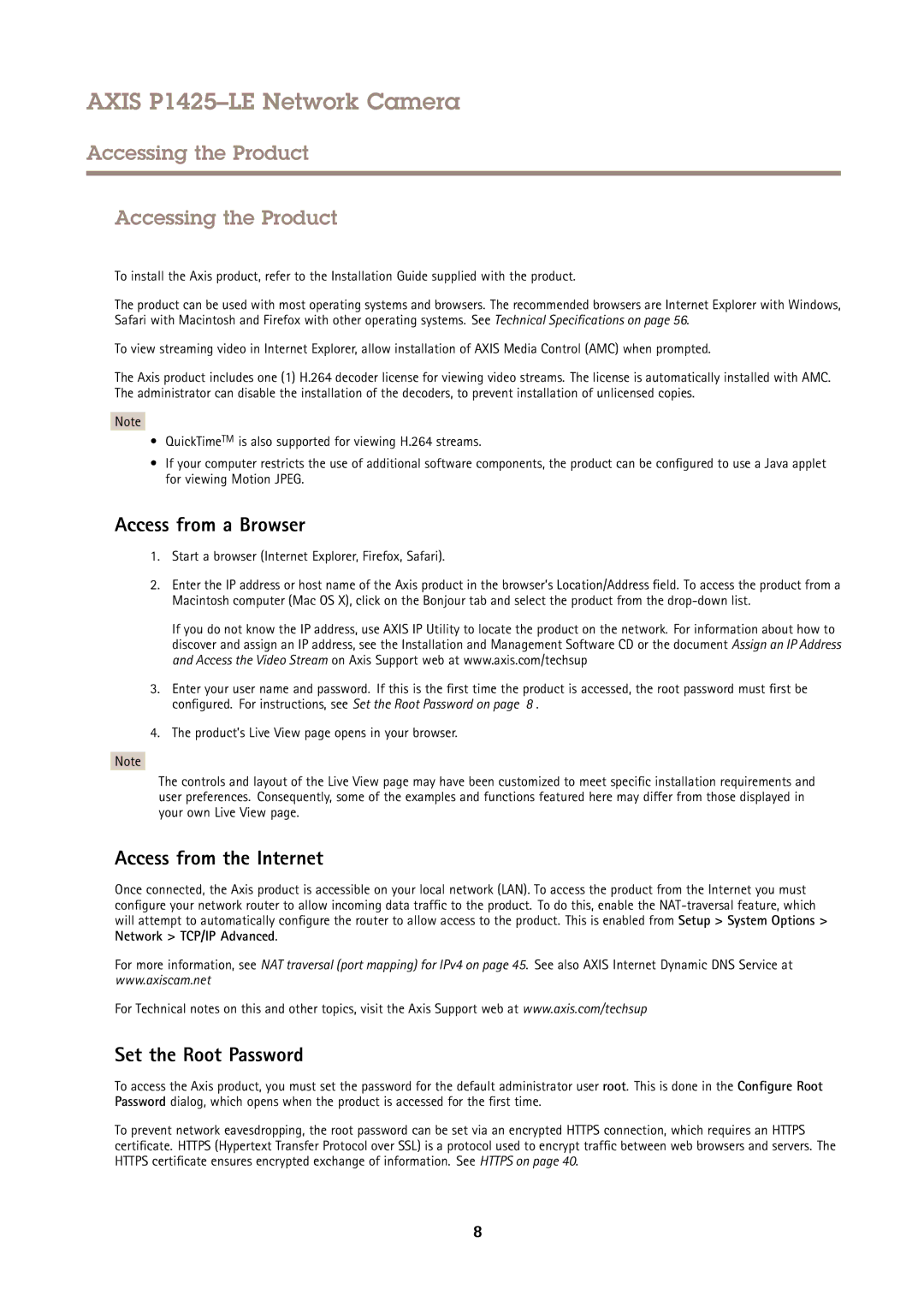 Axis Communications P1425LE Accessing the Product, Access from a Browser, Access from the Internet, Set the Root Password 