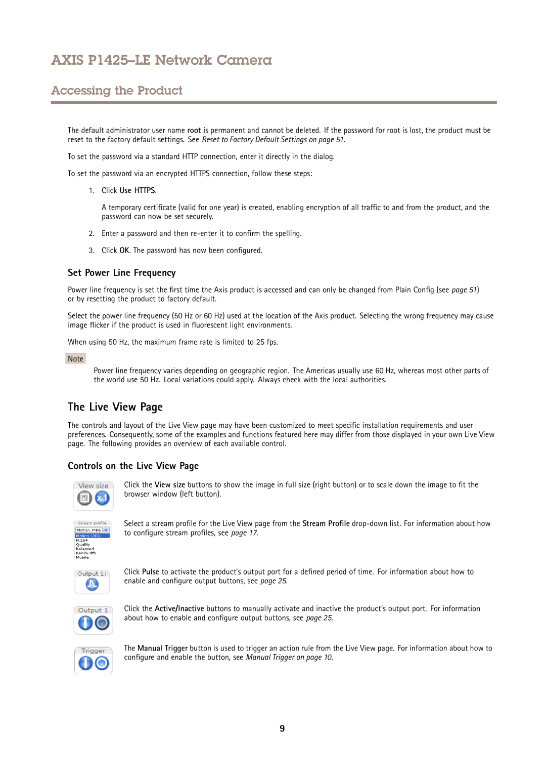 Axis Communications P1425LE user manual Set Power Line Frequency, Controls on the Live View, Click Use Https 