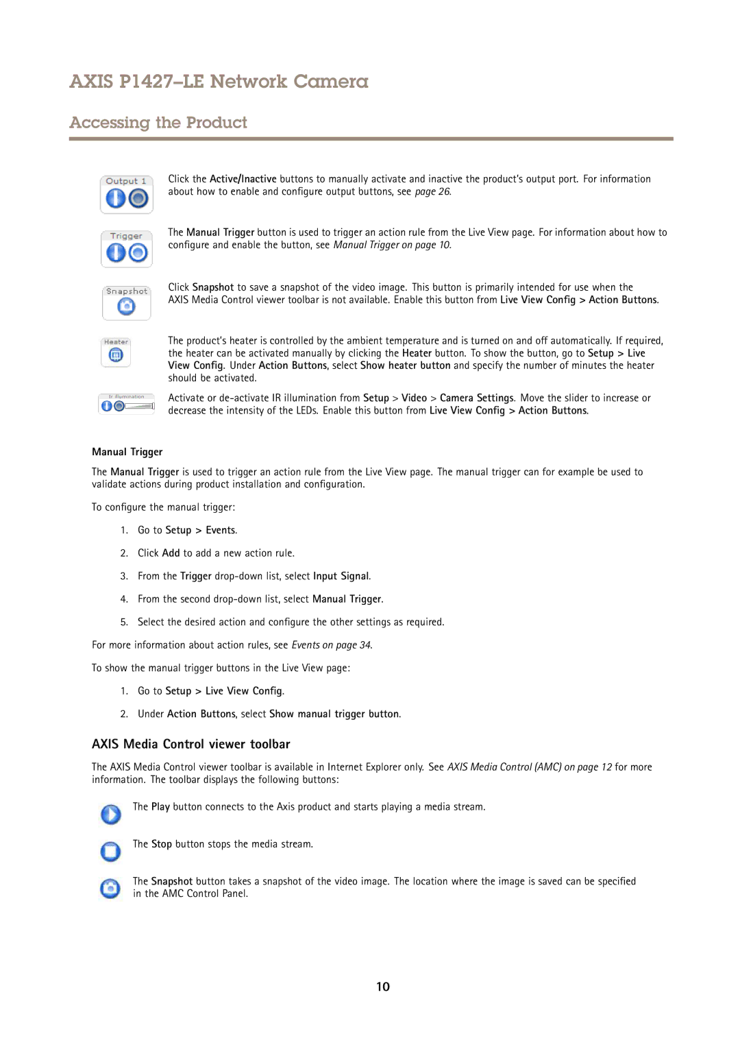 Axis Communications P1427-LE user manual Axis Media Control viewer toolbar, Manual Trigger, Go to Setup Events 