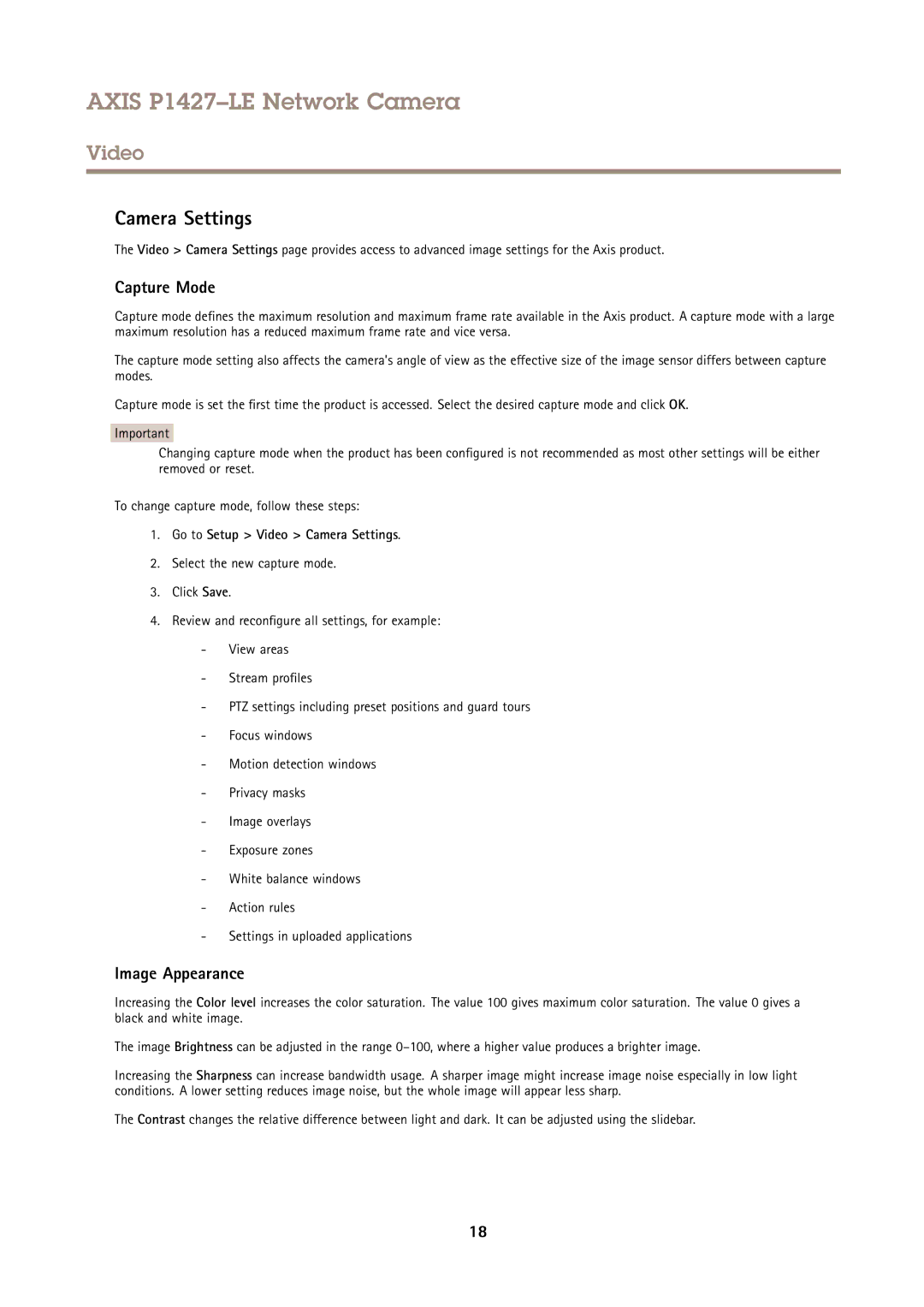 Axis Communications P1427-LE user manual Capture Mode, Image Appearance, Go to Setup Video Camera Settings 