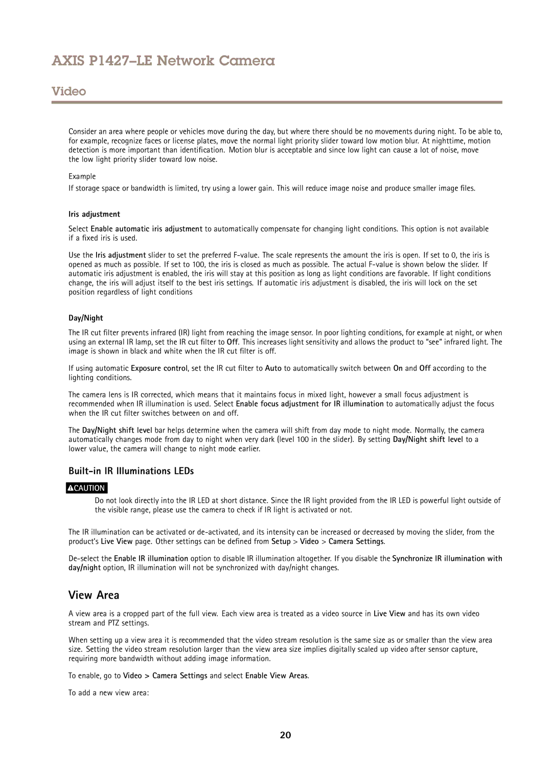 Axis Communications P1427-LE user manual View Area, Built-in IR Illuminations LEDs, Iris adjustment, Day/Night 