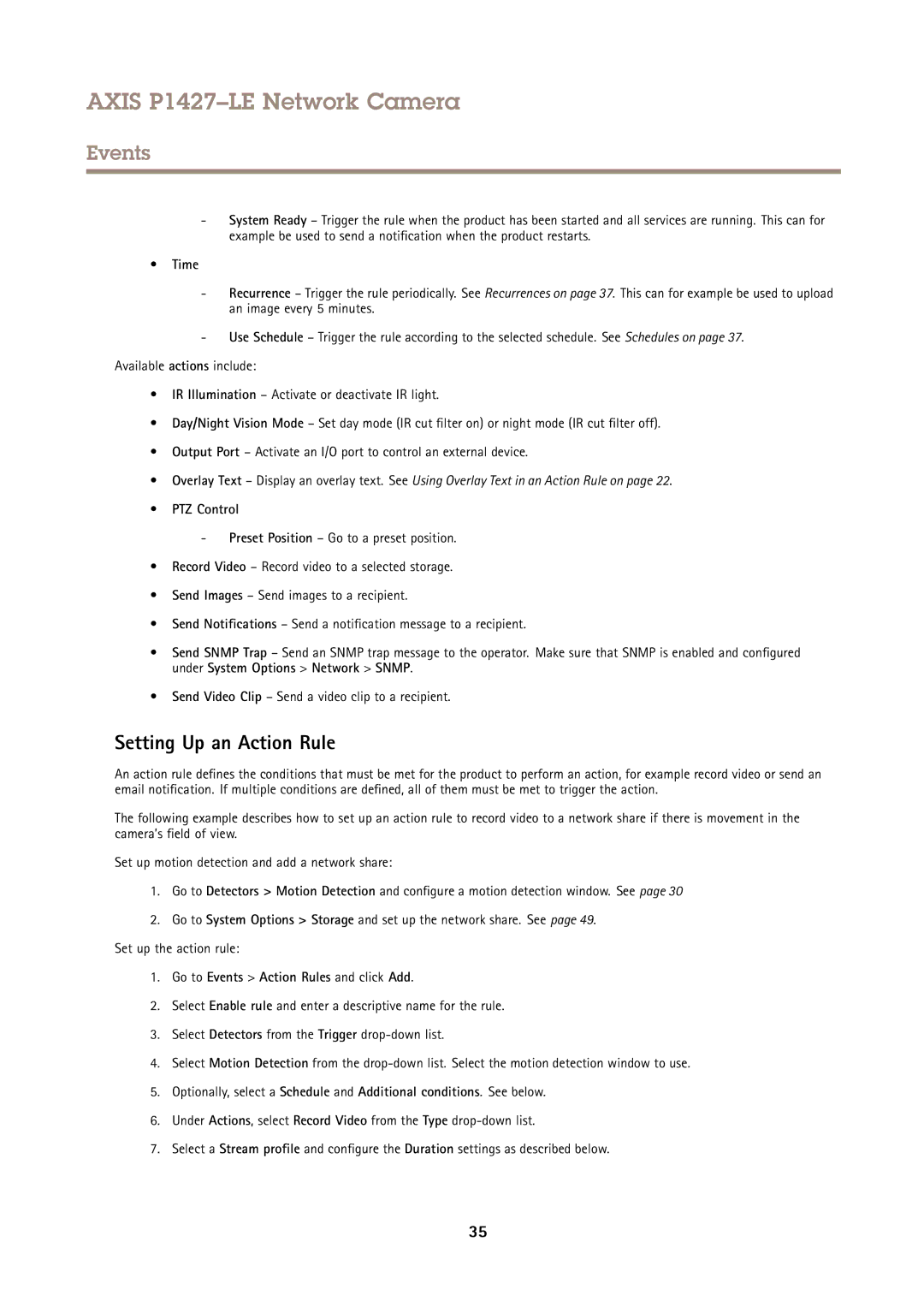 Axis Communications P1427-LE Setting Up an Action Rule, Time, PTZ Control, Go to Events Action Rules and click Add 