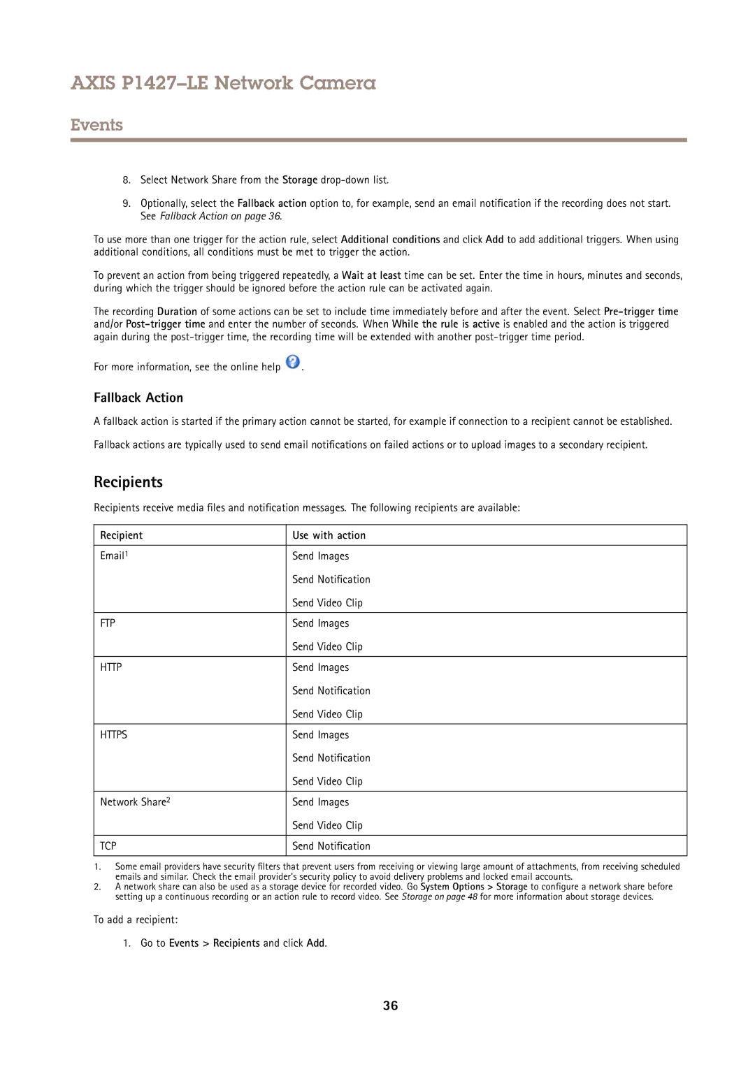 Axis Communications P1427-LE Fallback Action, Recipient Use with action, Go to Events Recipients and click Add 