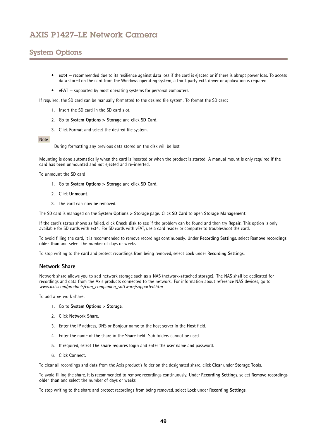 Axis Communications P1427-LE user manual Network Share, Go to System Options Storage and click SD Card 