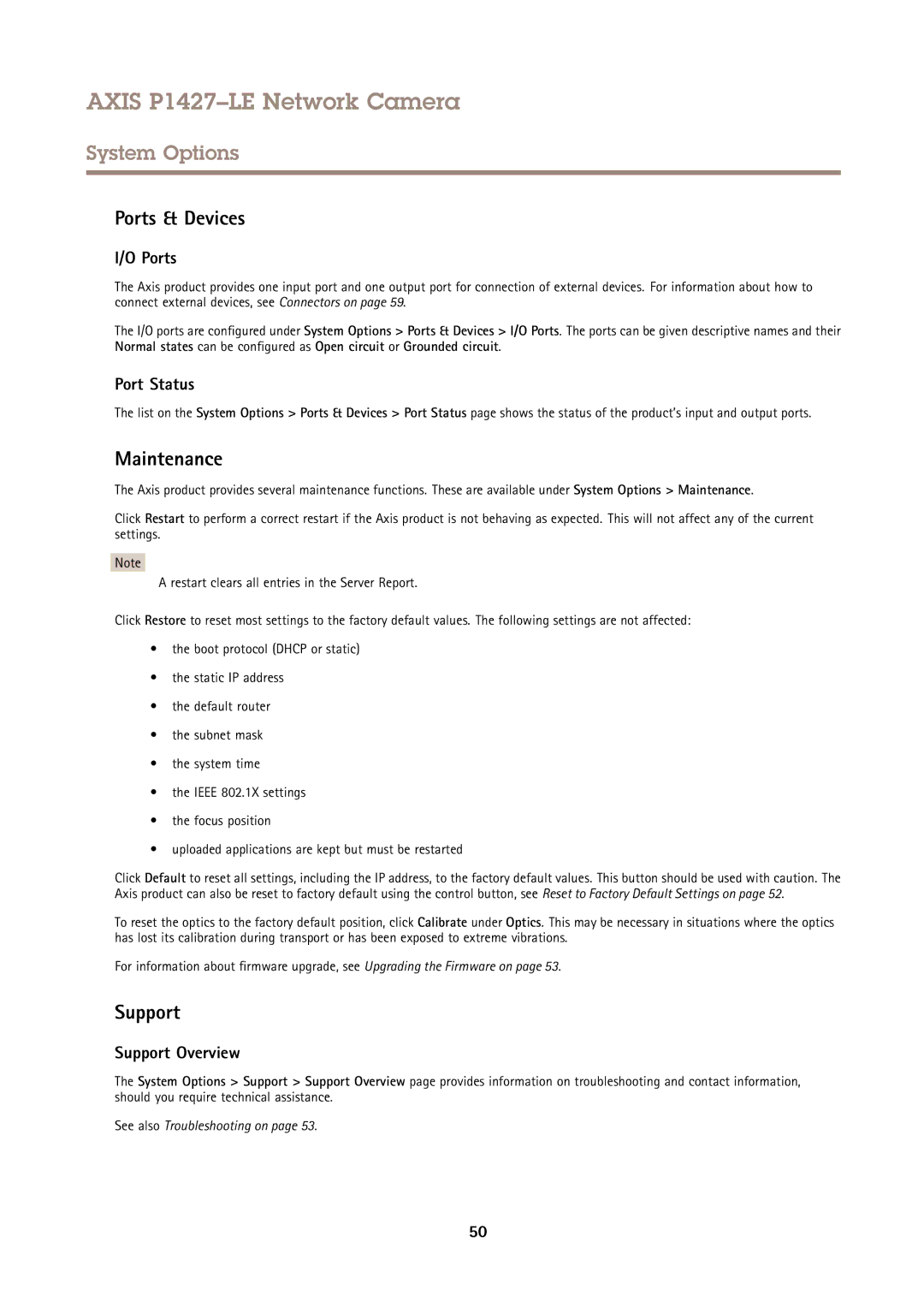 Axis Communications P1427-LE user manual Ports & Devices, Maintenance, Support 