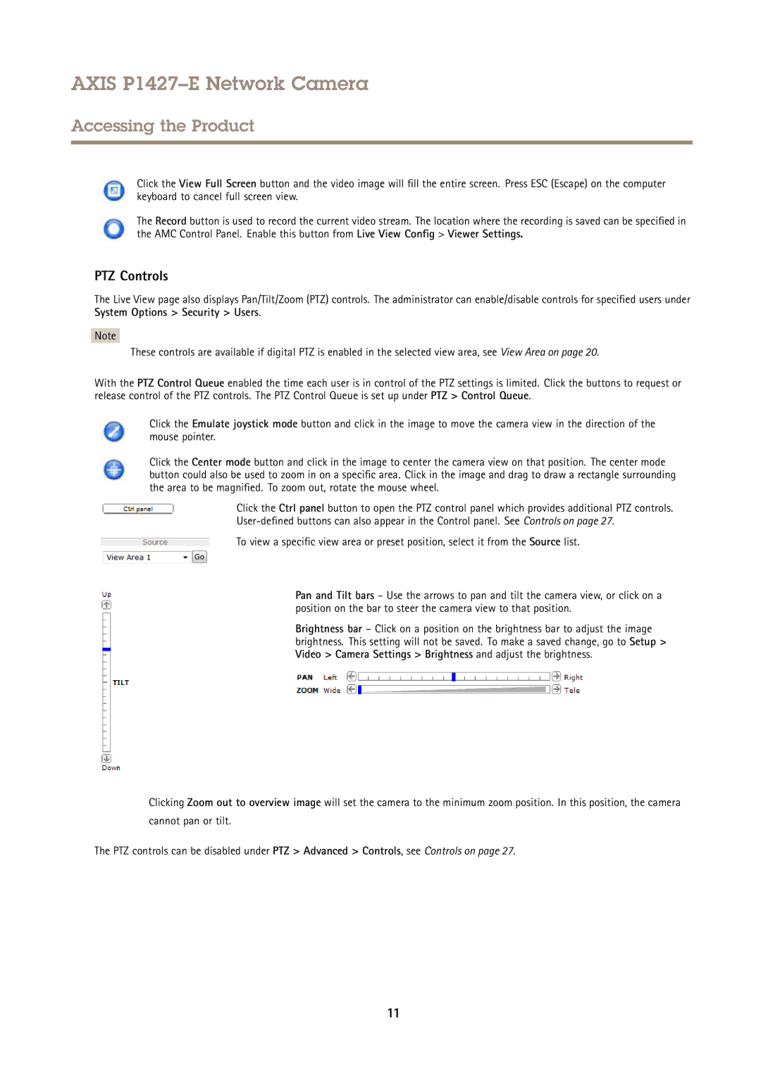 Axis Communications P1427E user manual PTZ Controls 