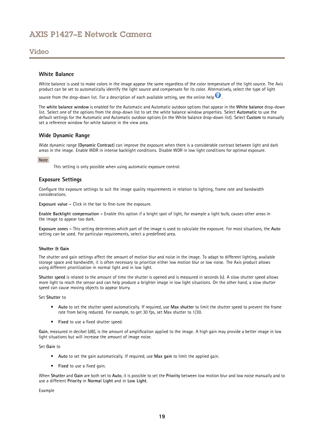 Axis Communications P1427E user manual White Balance, Wide Dynamic Range, Exposure Settings, Shutter & Gain, Set Shutter to 