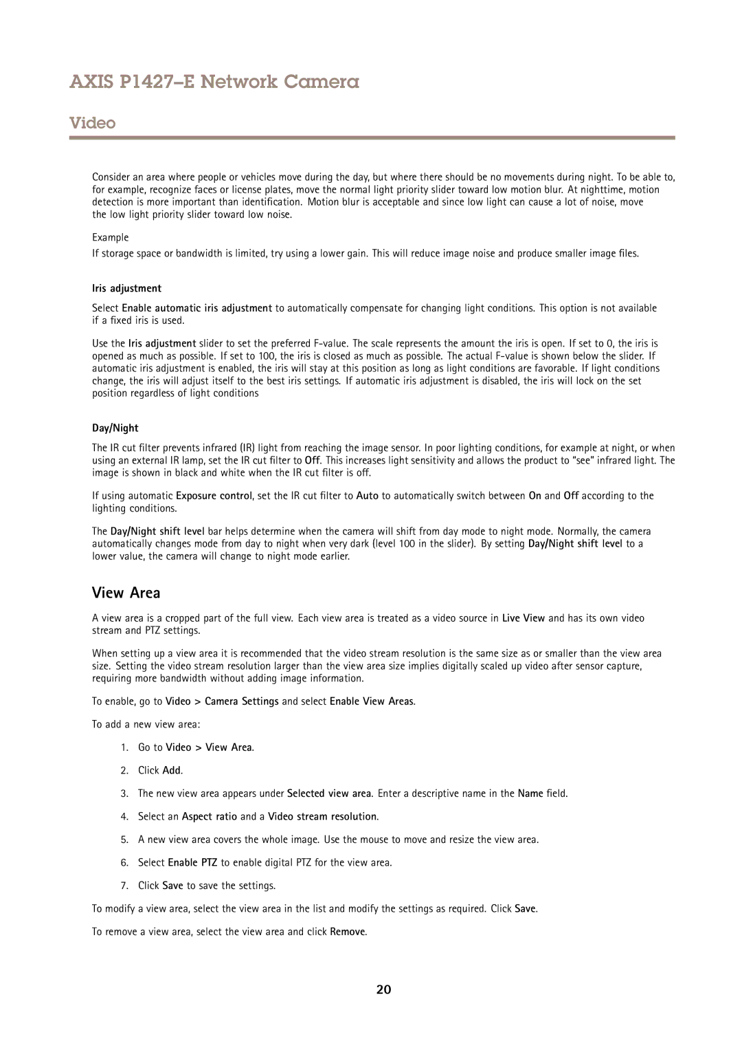 Axis Communications P1427E user manual Iris adjustment, Day/Night, Go to Video View Area 