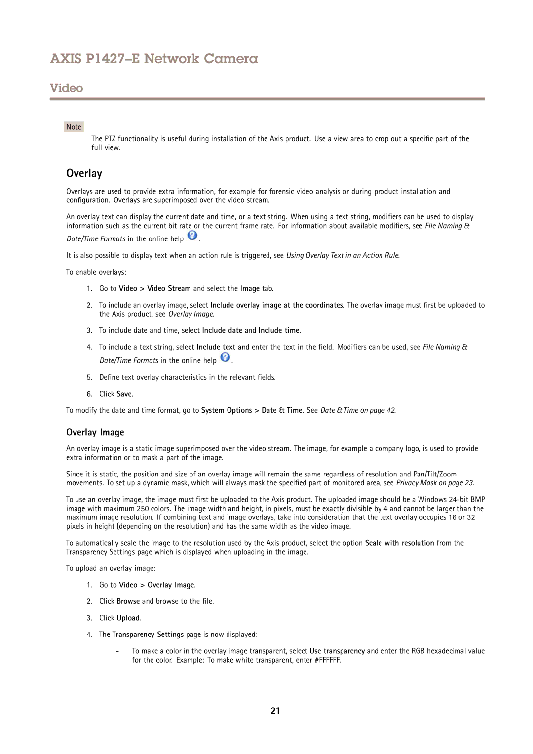 Axis Communications P1427E user manual Go to Video Video Stream and select the Image tab, Go to Video Overlay Image 