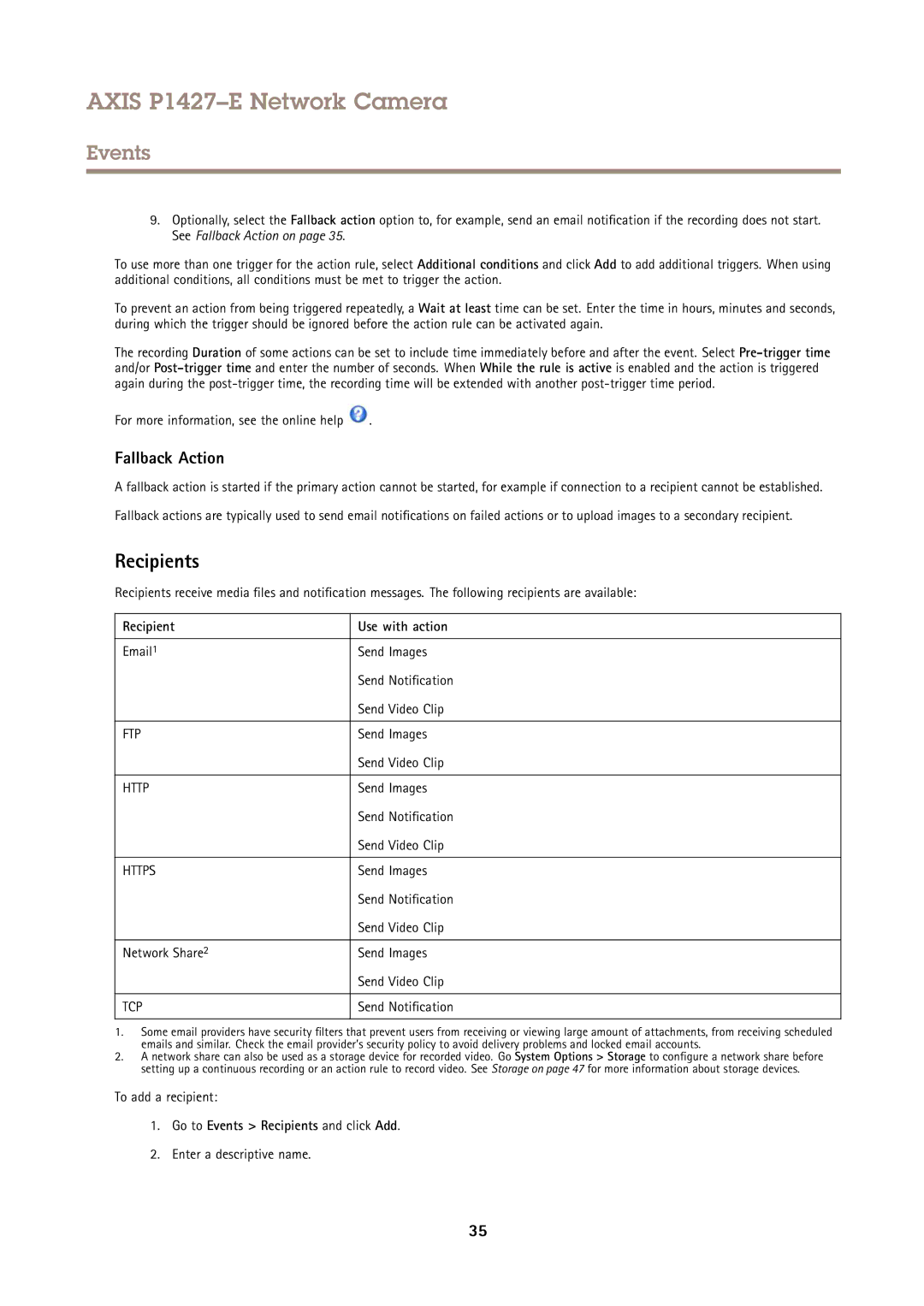 Axis Communications P1427E Fallback Action, Recipient Use with action, Go to Events Recipients and click Add 