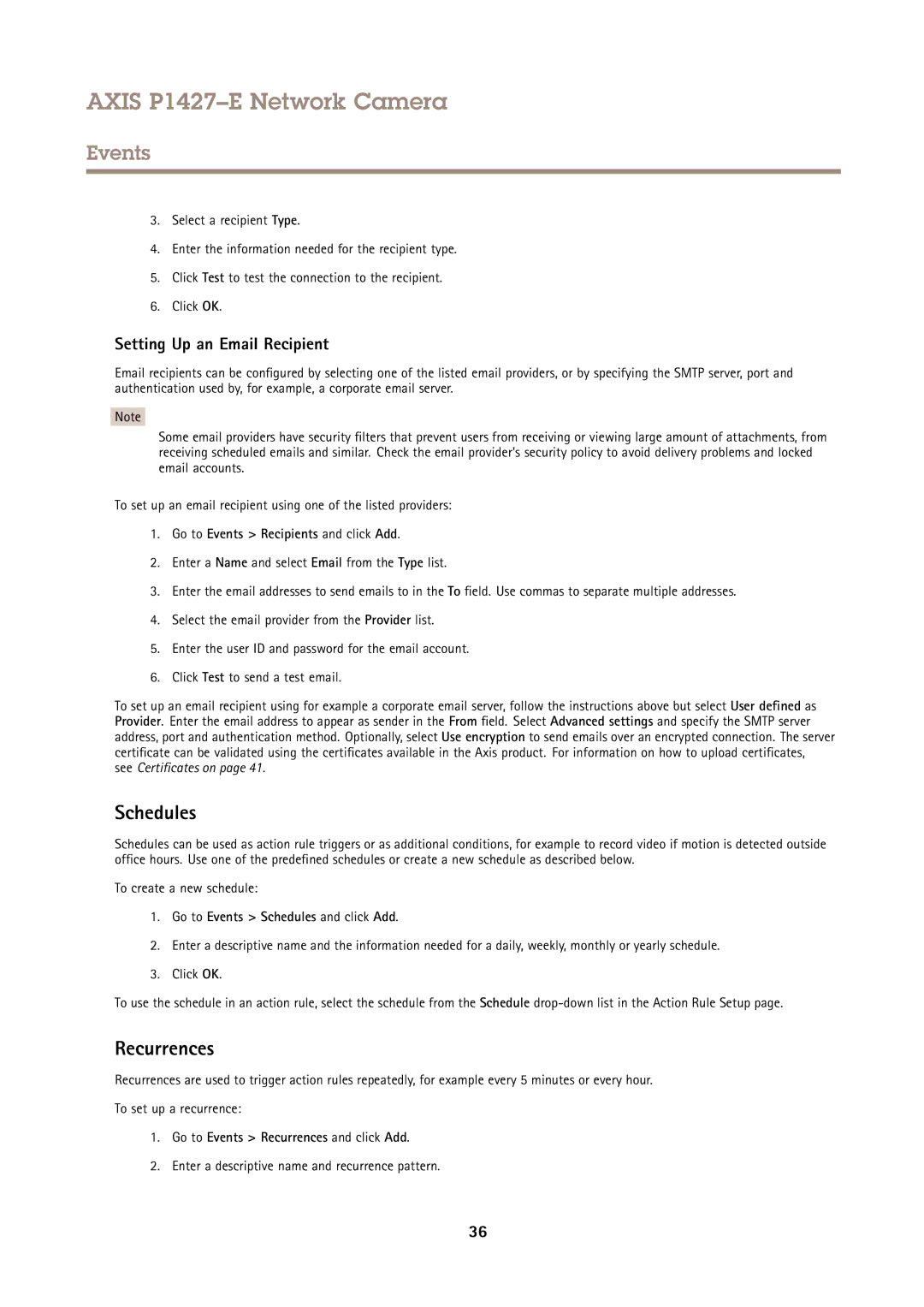 Axis Communications P1427E user manual Recurrences, Setting Up an Email Recipient, Go to Events Schedules and click Add 