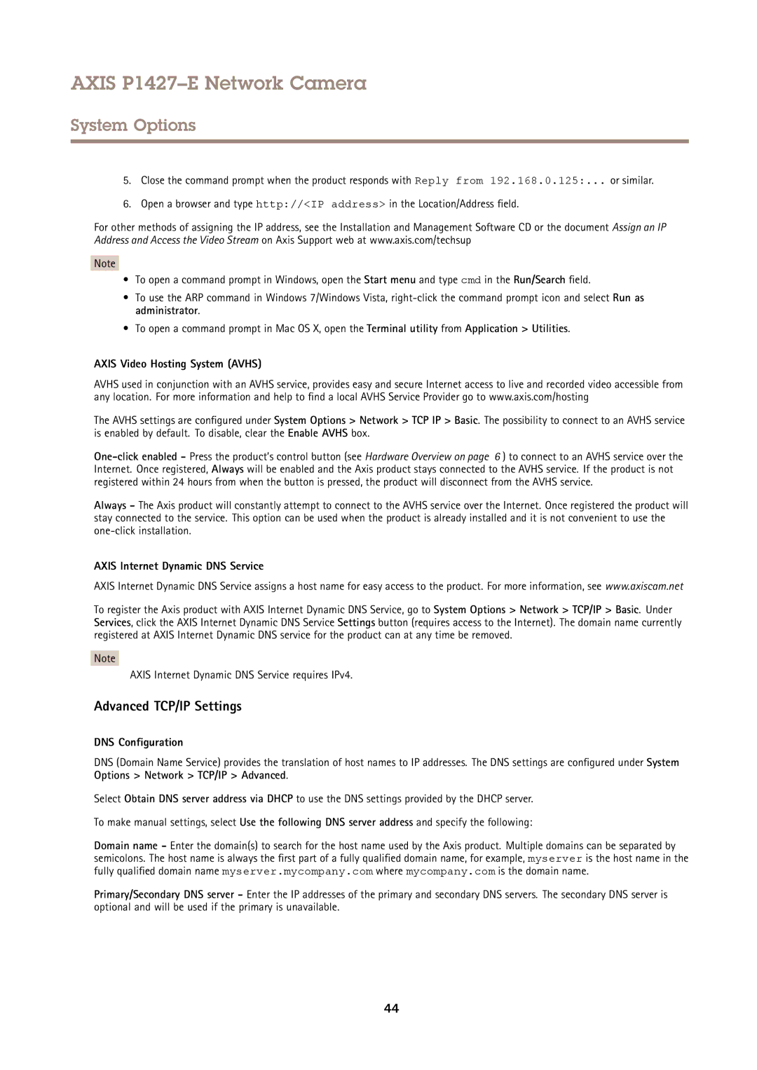 Axis Communications P1427E Advanced TCP/IP Settings, Axis Video Hosting System Avhs, Axis Internet Dynamic DNS Service 