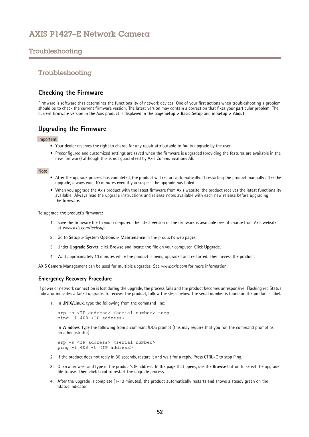 Axis Communications P1427E Troubleshooting, Checking the Firmware, Upgrading the Firmware, Emergency Recovery Procedure 