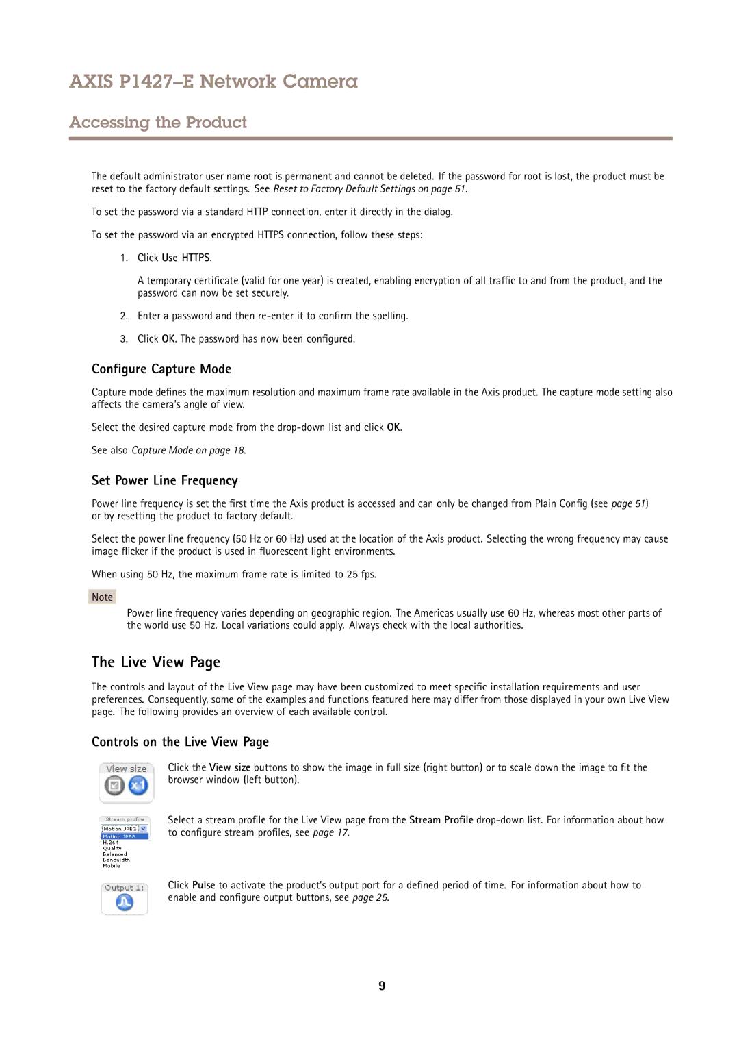 Axis Communications P1427E user manual Configure Capture Mode, Set Power Line Frequency, Controls on the Live View 