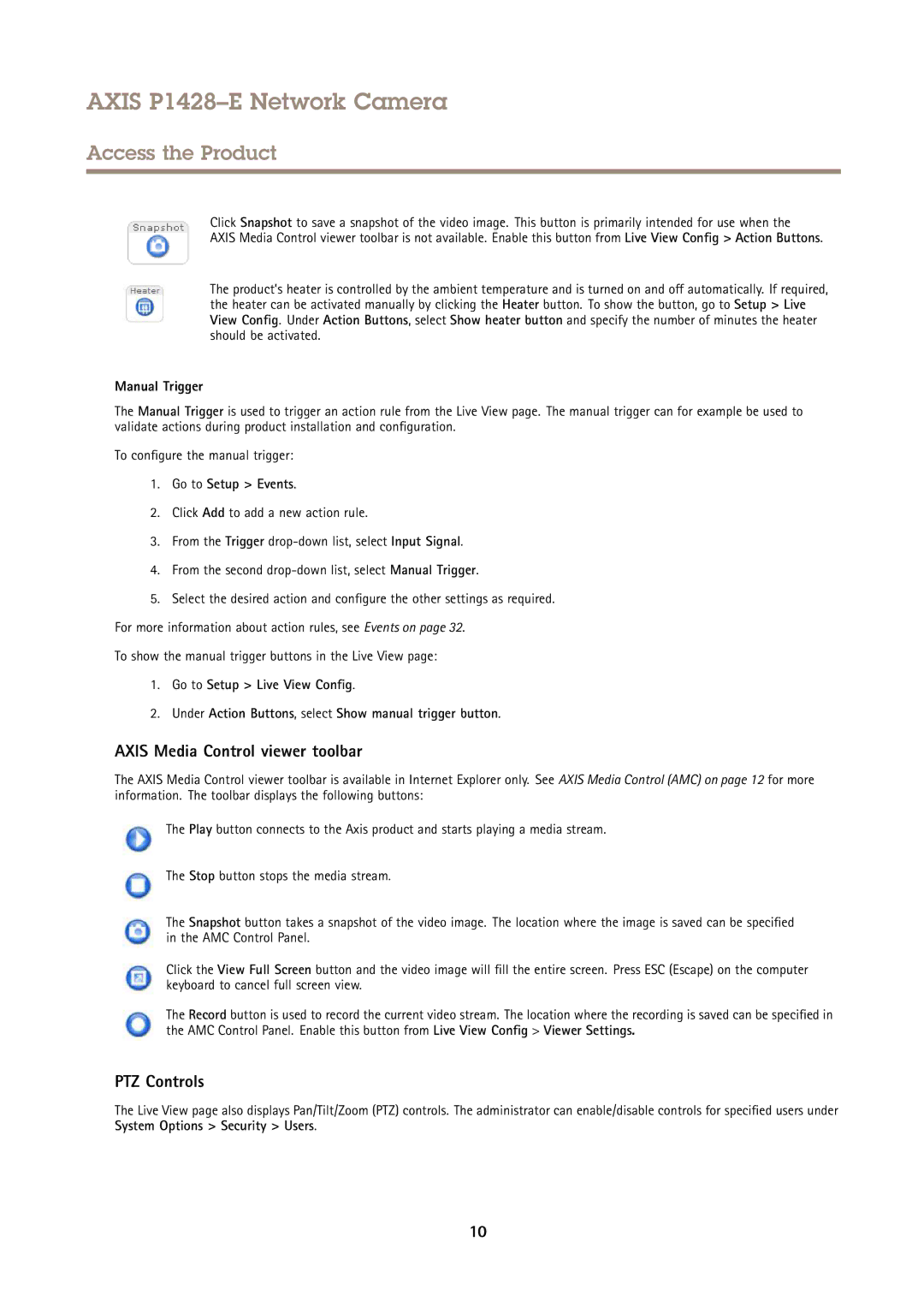 Axis Communications P1428-E user manual Axis Media Control viewer toolbar, PTZ Controls, Manual Trigger, Go to Setup Events 