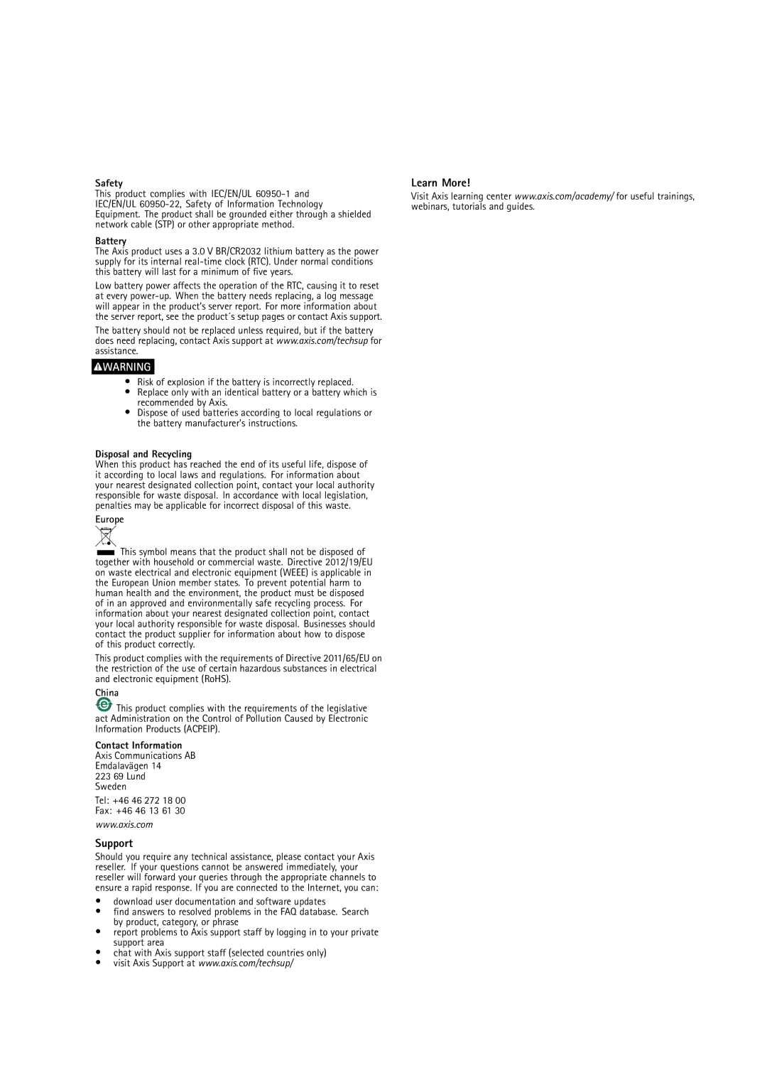 Axis Communications P1428-E user manual Support, Learn More 