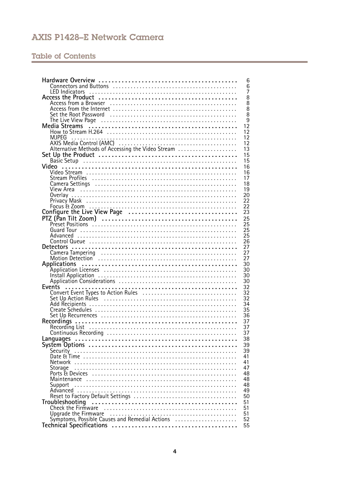 Axis Communications user manual Axis P1428-E Network Camera, Table of Contents 