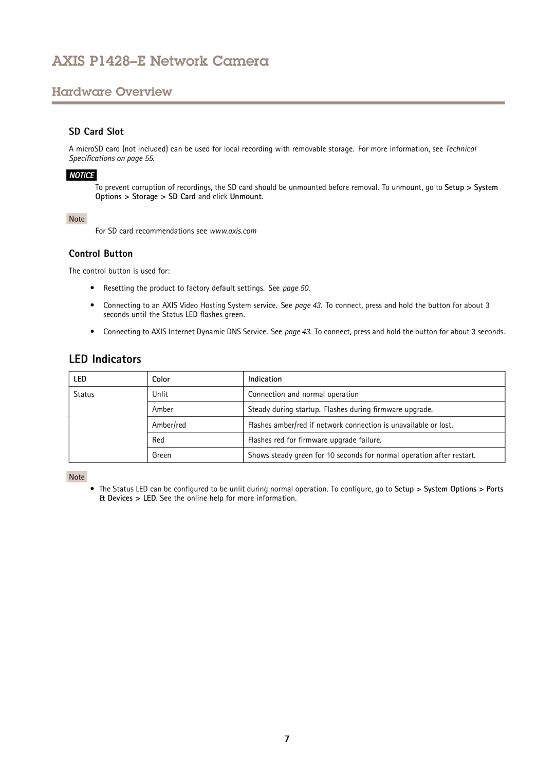 Axis Communications P1428-E user manual LED Indicators, SD Card Slot, Control Button, Color Indication 