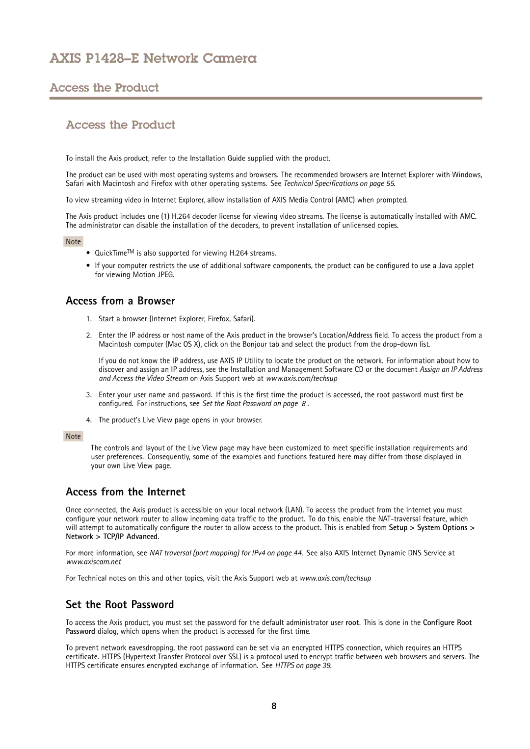 Axis Communications P1428-E Access the Product, Access from a Browser, Access from the Internet, Set the Root Password 