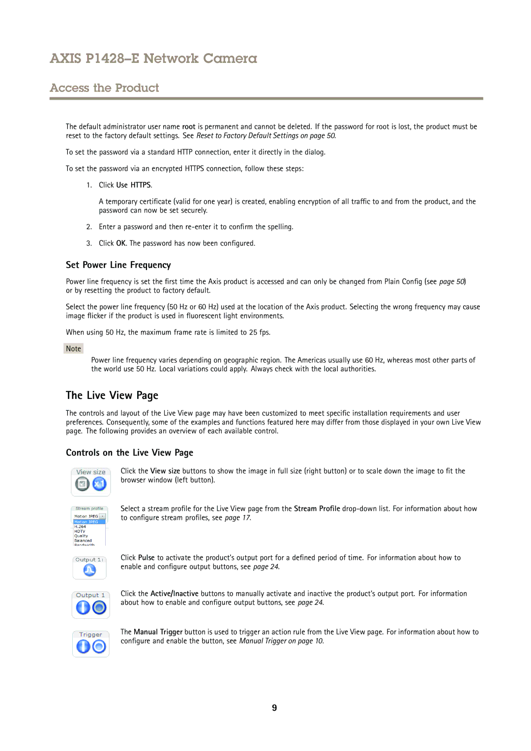Axis Communications P1428-E user manual Set Power Line Frequency, Controls on the Live View, Click Use Https 