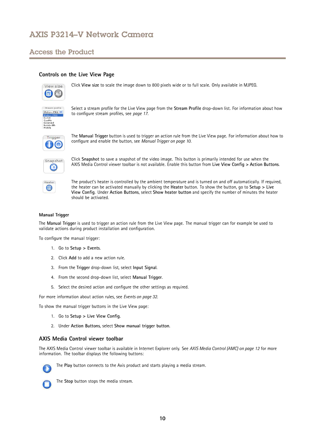 Axis Communications P3214-V user manual Controls on the Live View, Axis Media Control viewer toolbar, Manual Trigger 