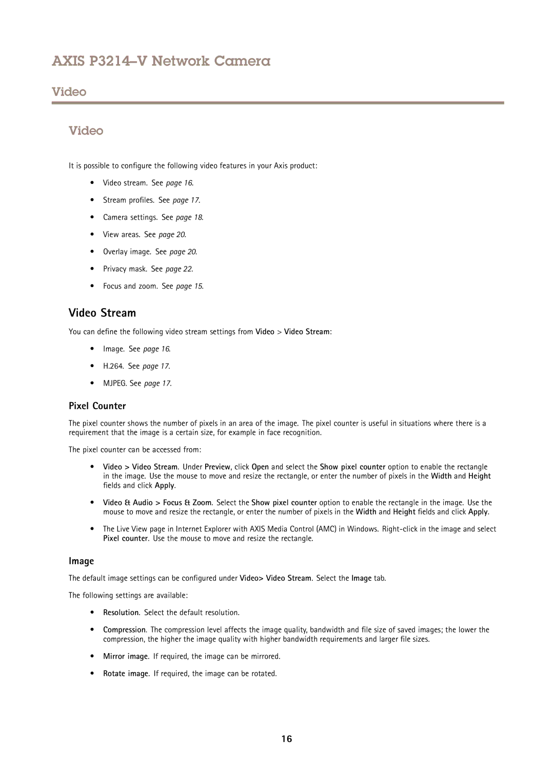 Axis Communications P3214-V user manual Video Stream, Pixel Counter, Image 