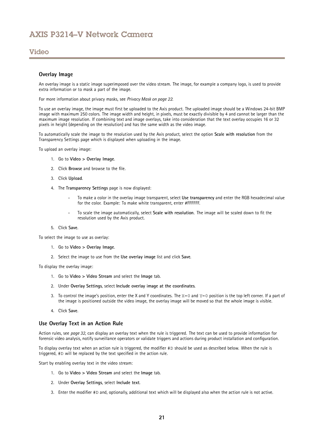 Axis Communications P3214-V user manual Use Overlay Text in an Action Rule, Go to Video Overlay Image 