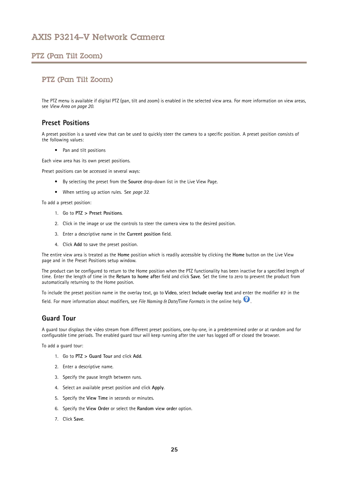 Axis Communications P3214-V user manual PTZ Pan Tilt Zoom, Guard Tour, Go to PTZ Preset Positions 