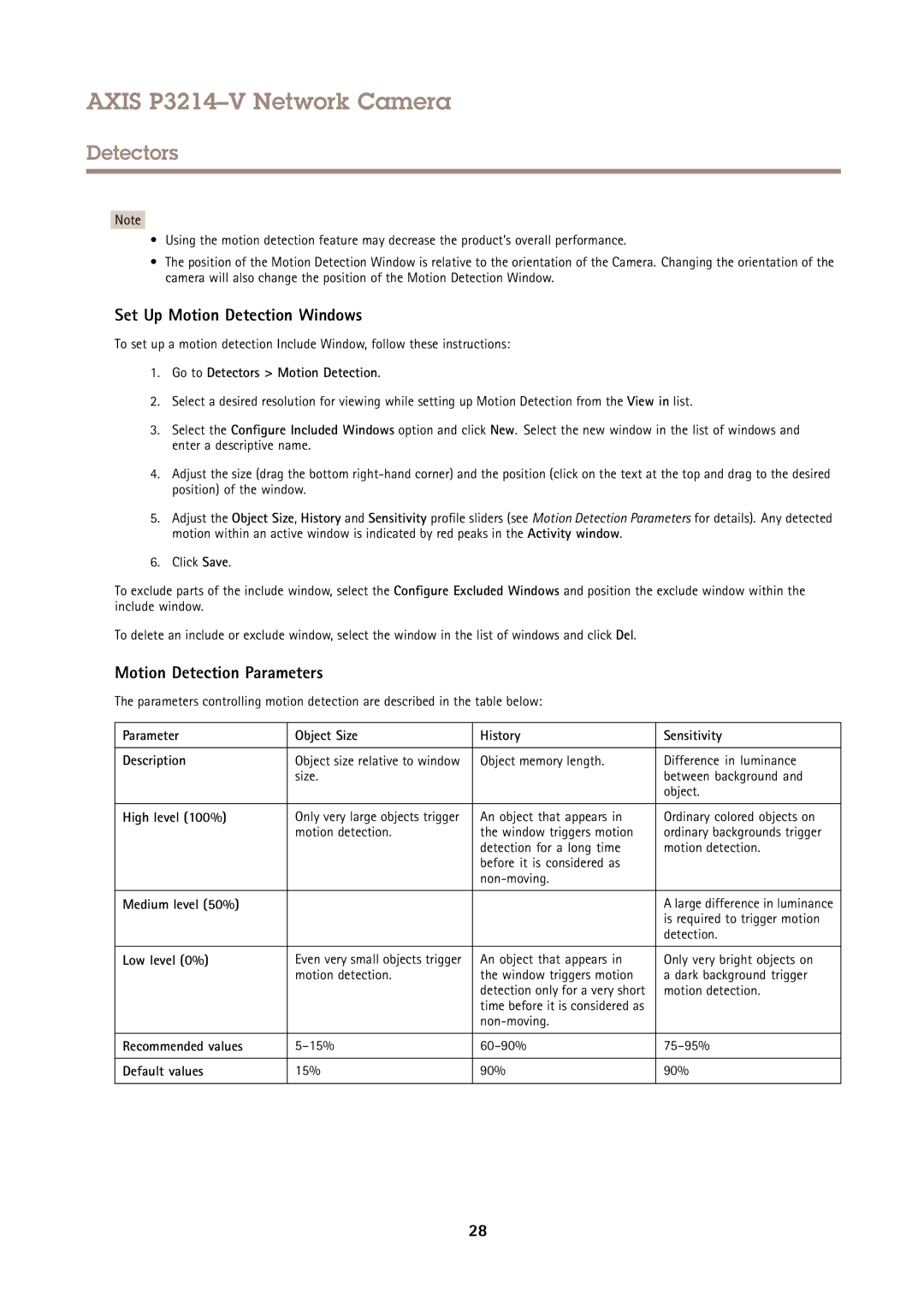 Axis Communications P3214-V user manual Set Up Motion Detection Windows, Motion Detection Parameters 