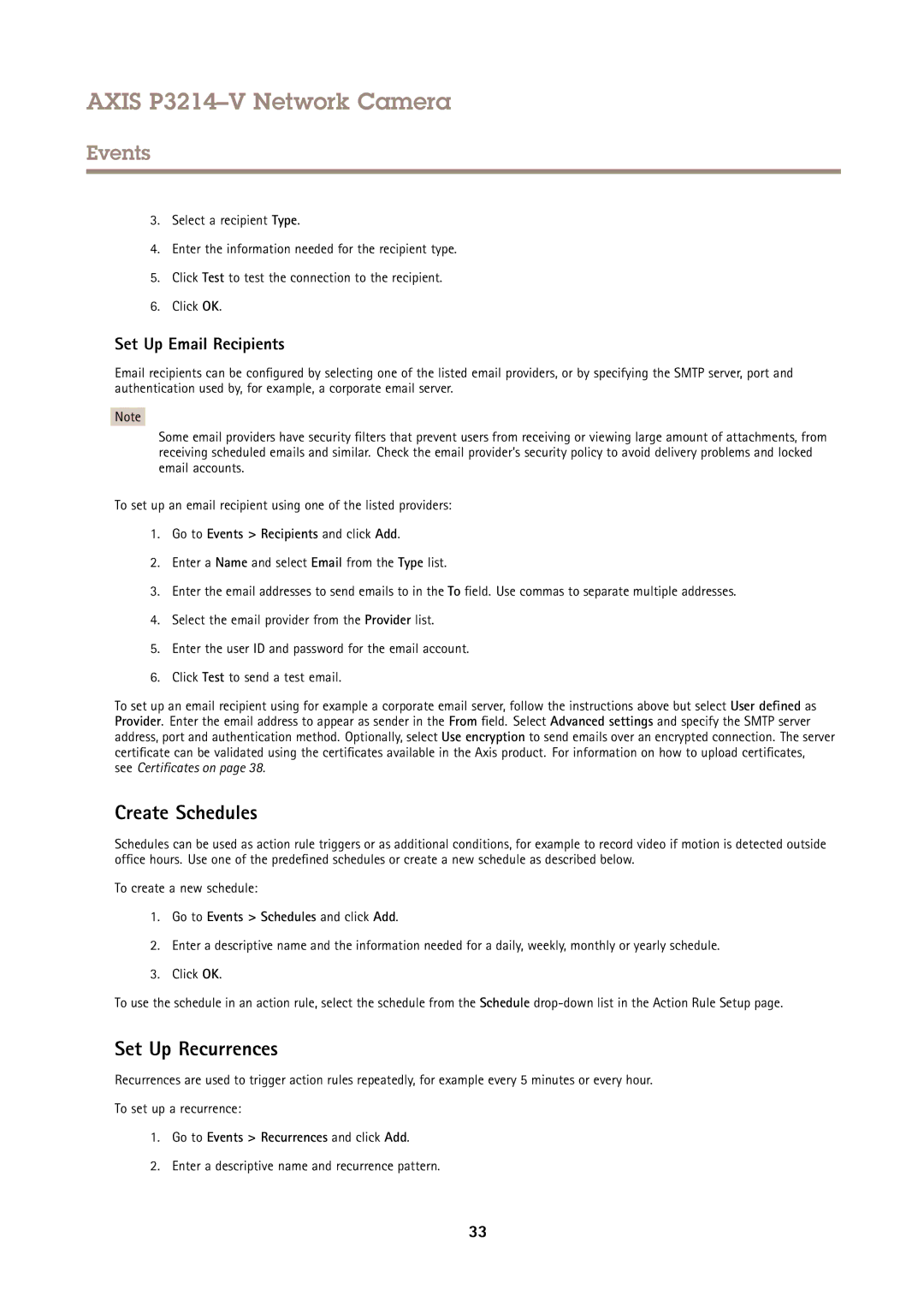 Axis Communications P3214-V user manual Create Schedules, Set Up Recurrences, Set Up Email Recipients 