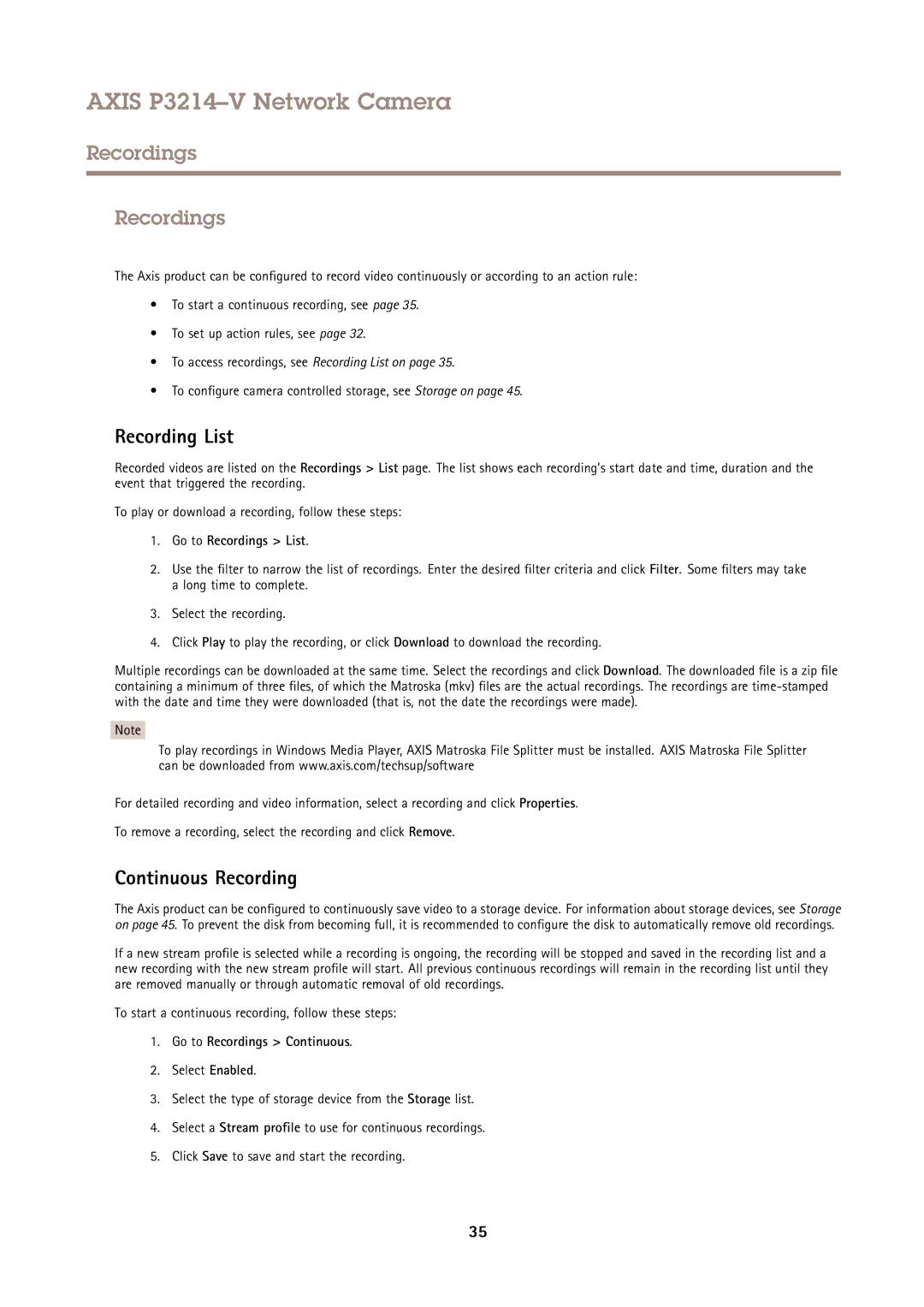 Axis Communications P3214-V Recording List, Continuous Recording, Go to Recordings List, Go to Recordings Continuous 