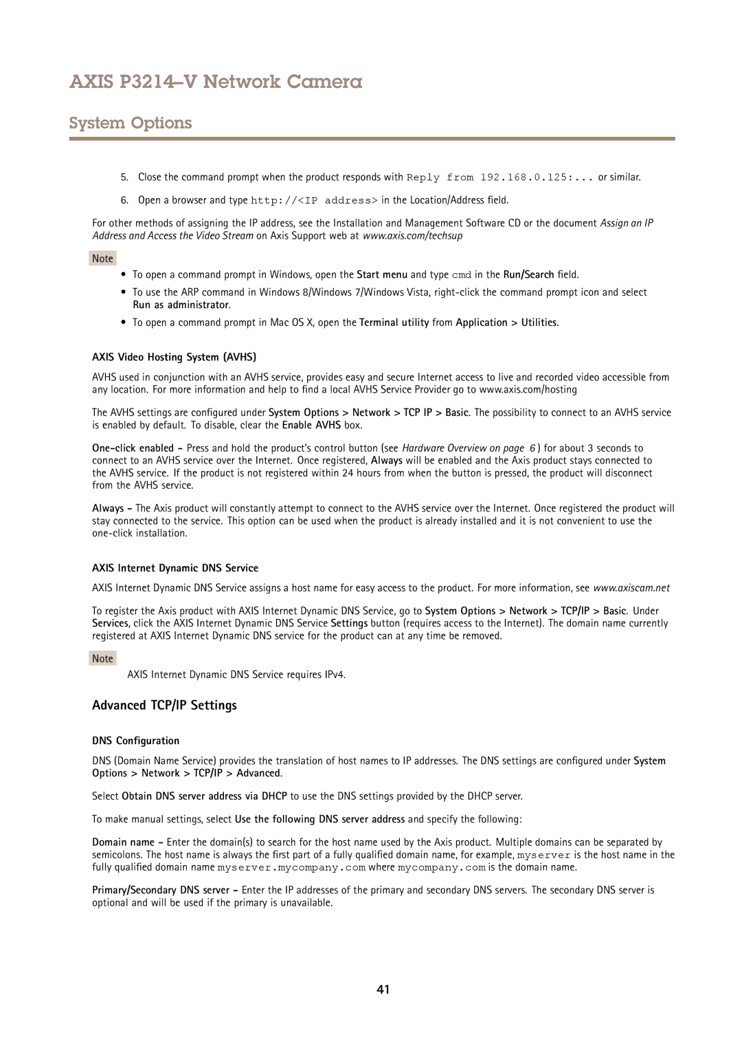 Axis Communications P3214-V Advanced TCP/IP Settings, Axis Video Hosting System Avhs, Axis Internet Dynamic DNS Service 