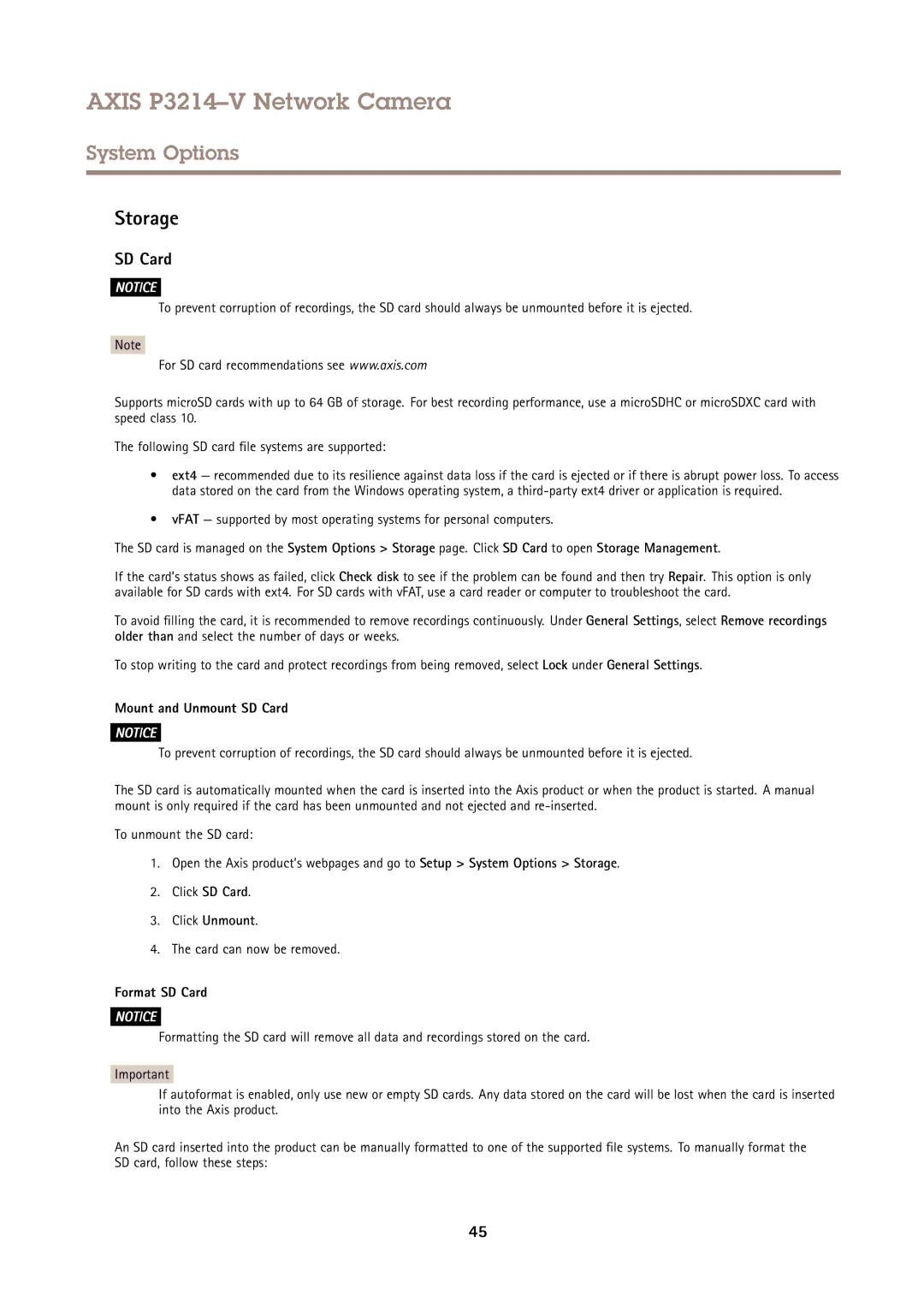 Axis Communications P3214-V user manual Storage, Mount and Unmount SD Card, Format SD Card 