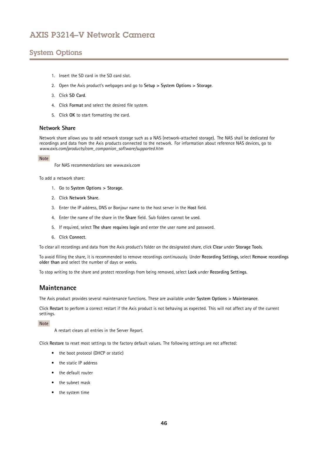 Axis Communications P3214-V user manual Maintenance, Network Share, To add a network share 