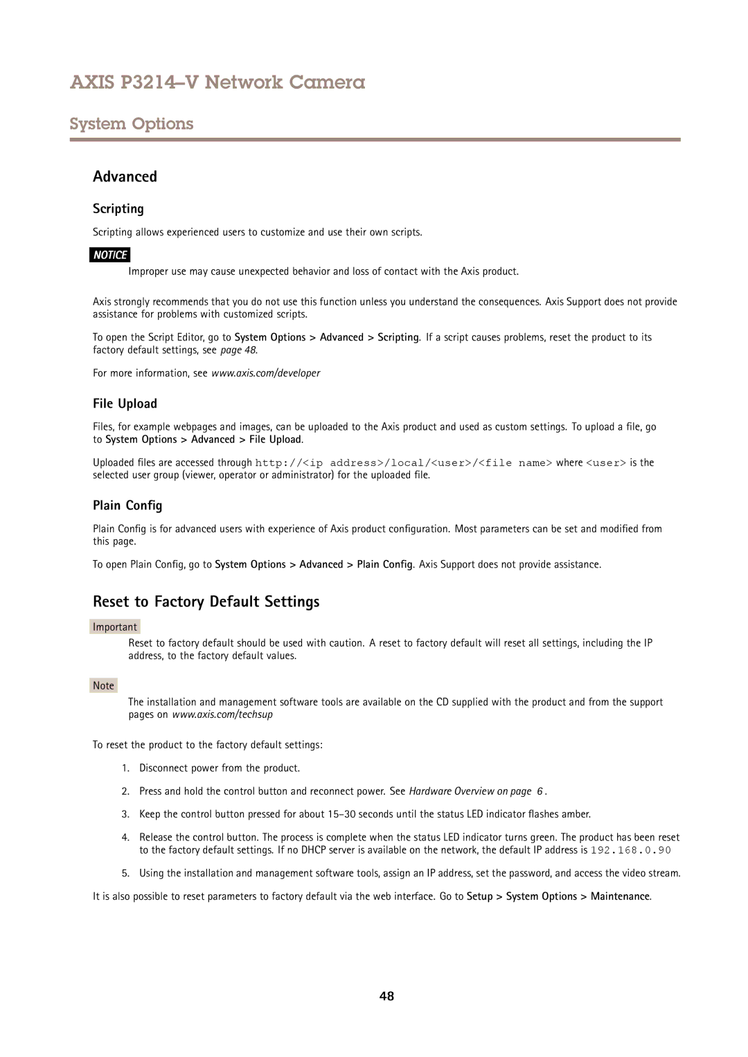 Axis Communications P3214-V user manual Reset to Factory Default Settings, Scripting, File Upload, Plain Config 